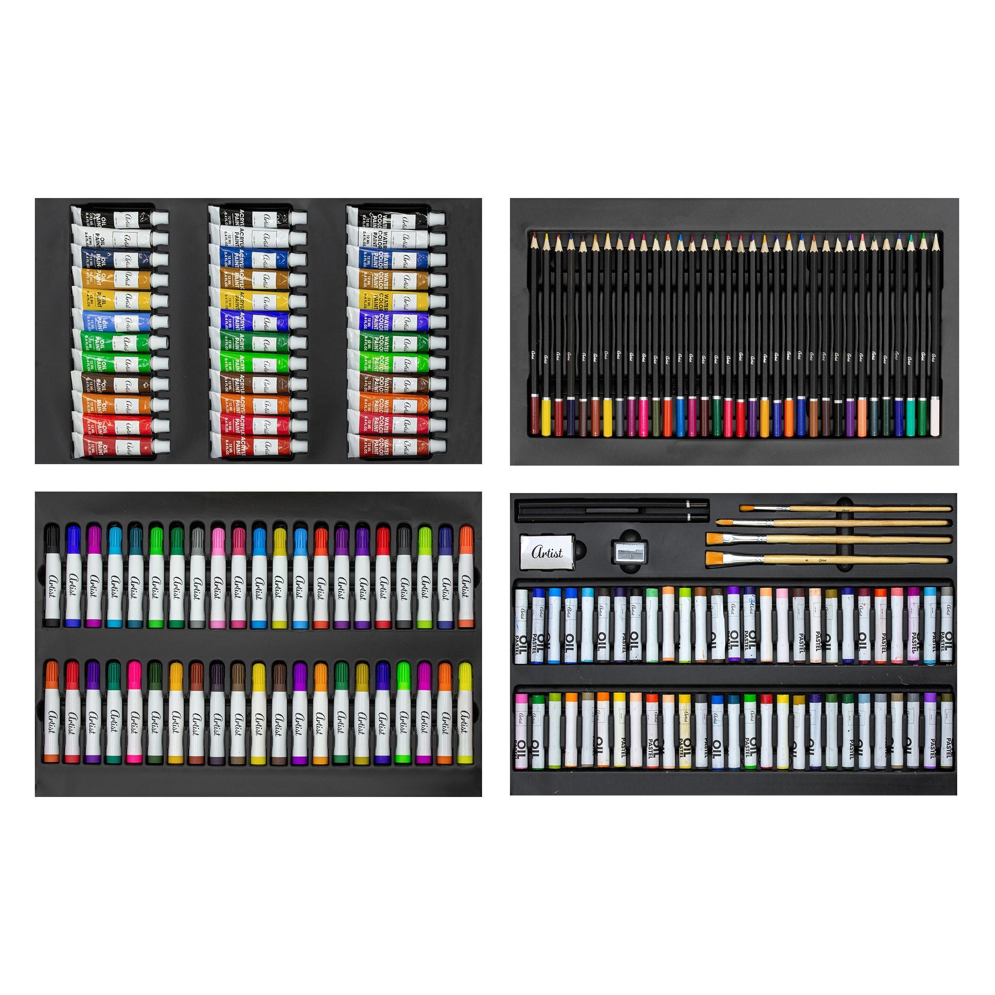 Ein Set mit verschiedenen Farben, Stiften und Pinseln in einer schwarzen Box.