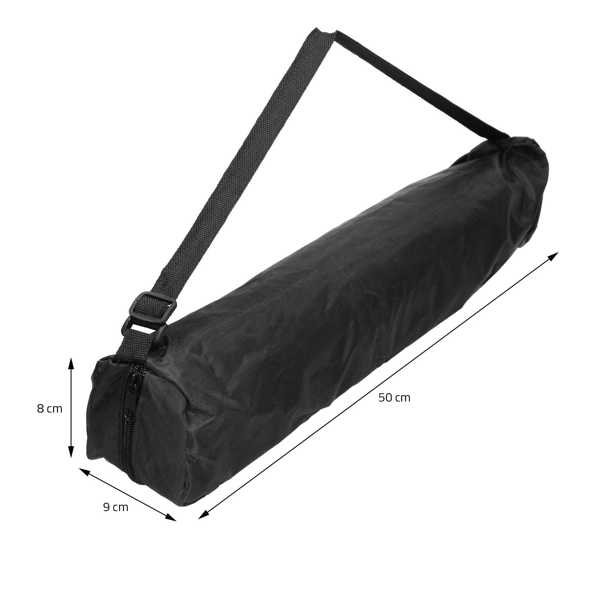 Sac noir allongé avec une sangle de transport, indications de mesure sur l'image.