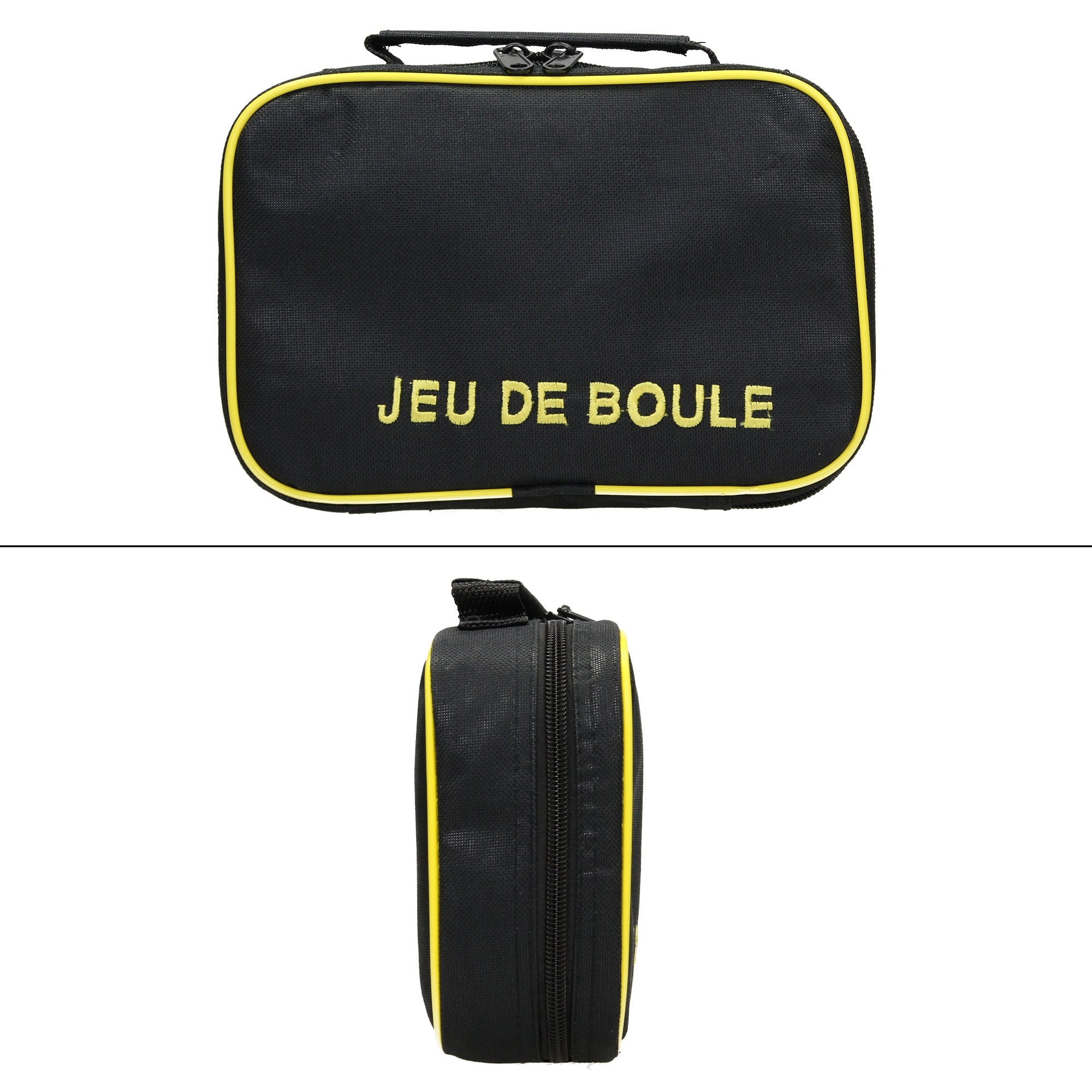 Eine schwarze Tasche mit gelber Schrift 'JEU DE BOULE'.