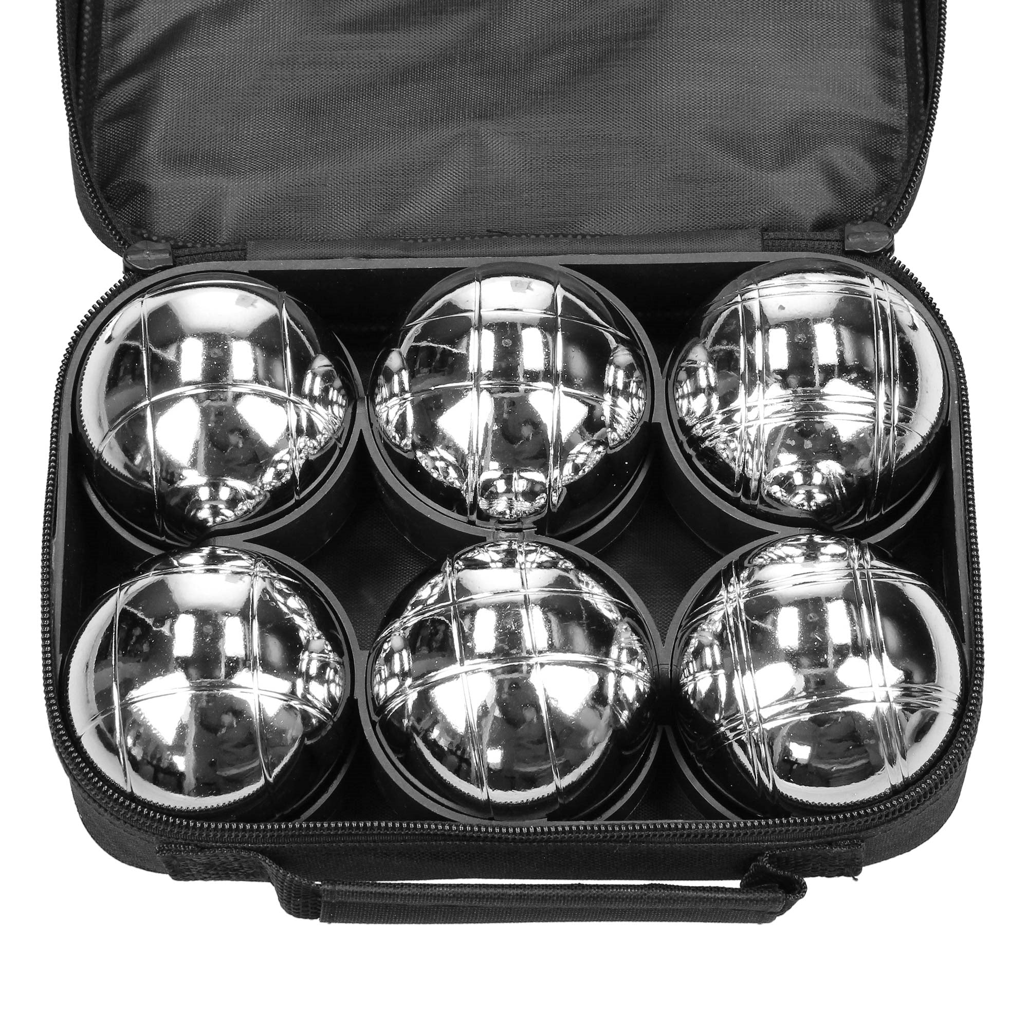 Sechs glänzende Kugeln in einer schwarzen Tasche.