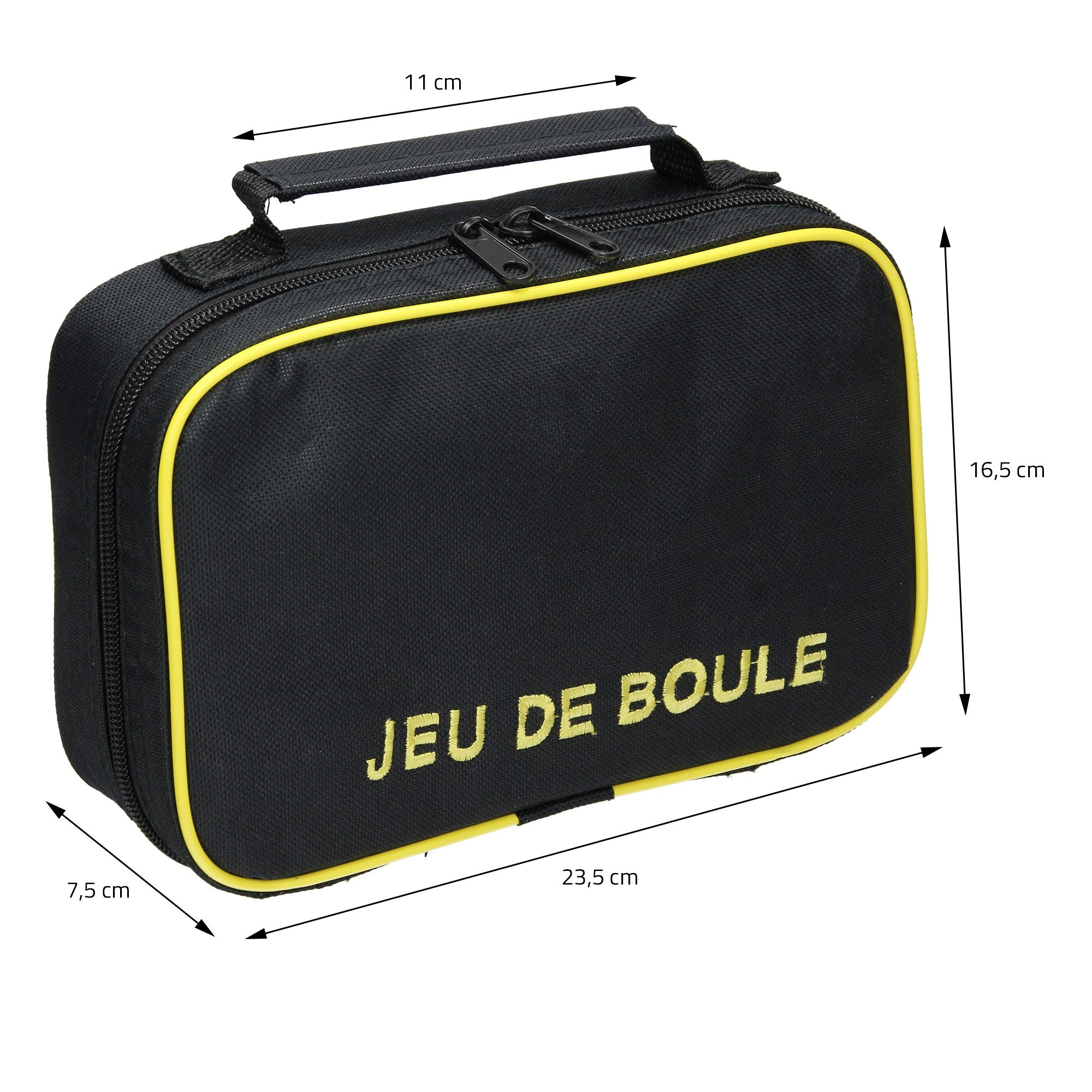 Eine schwarze Tasche mit gelber Schrift 'JEU DE BOULE', Maße angegeben.
