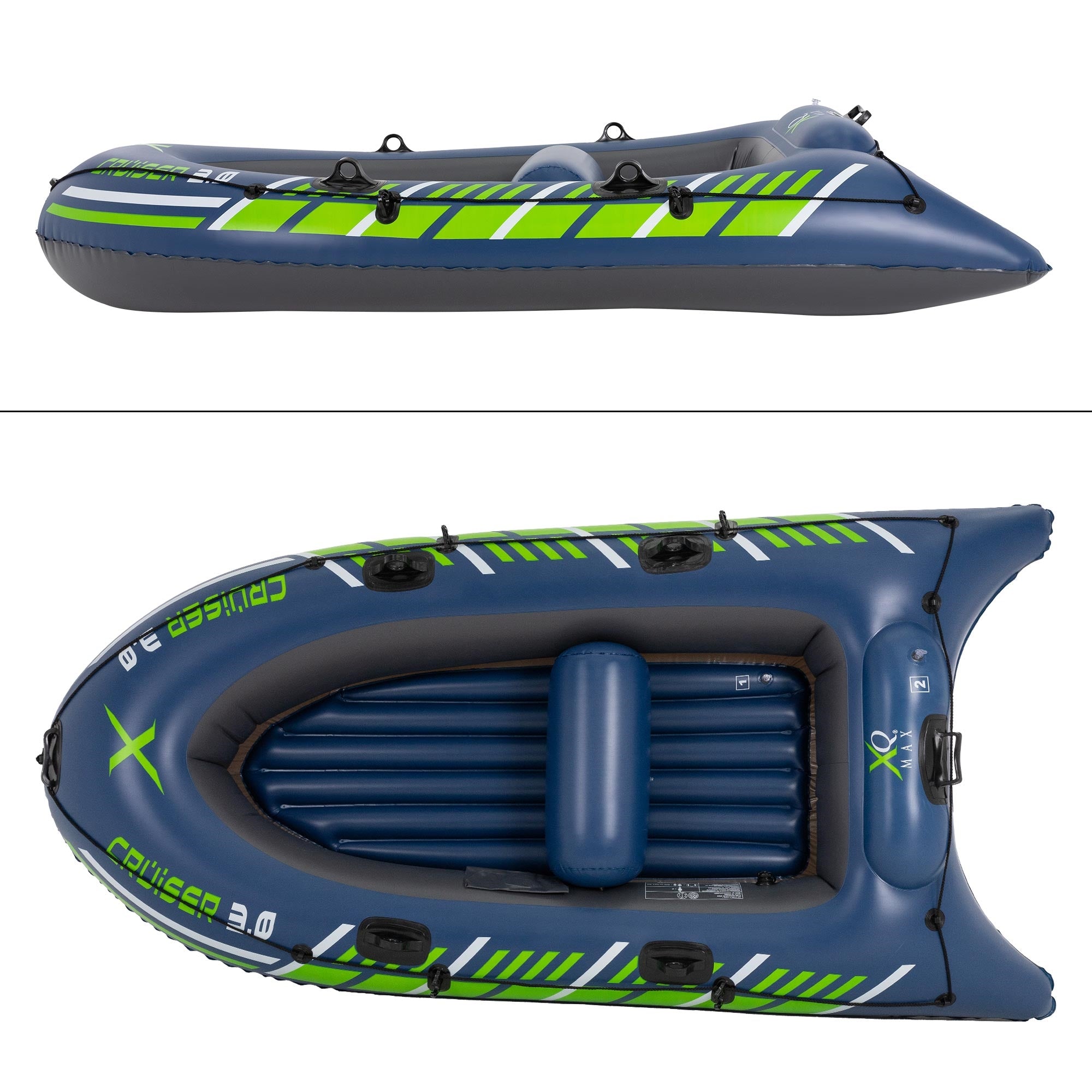 Aufblasbares Boot von oben, mit grünen und blauen Streifen.