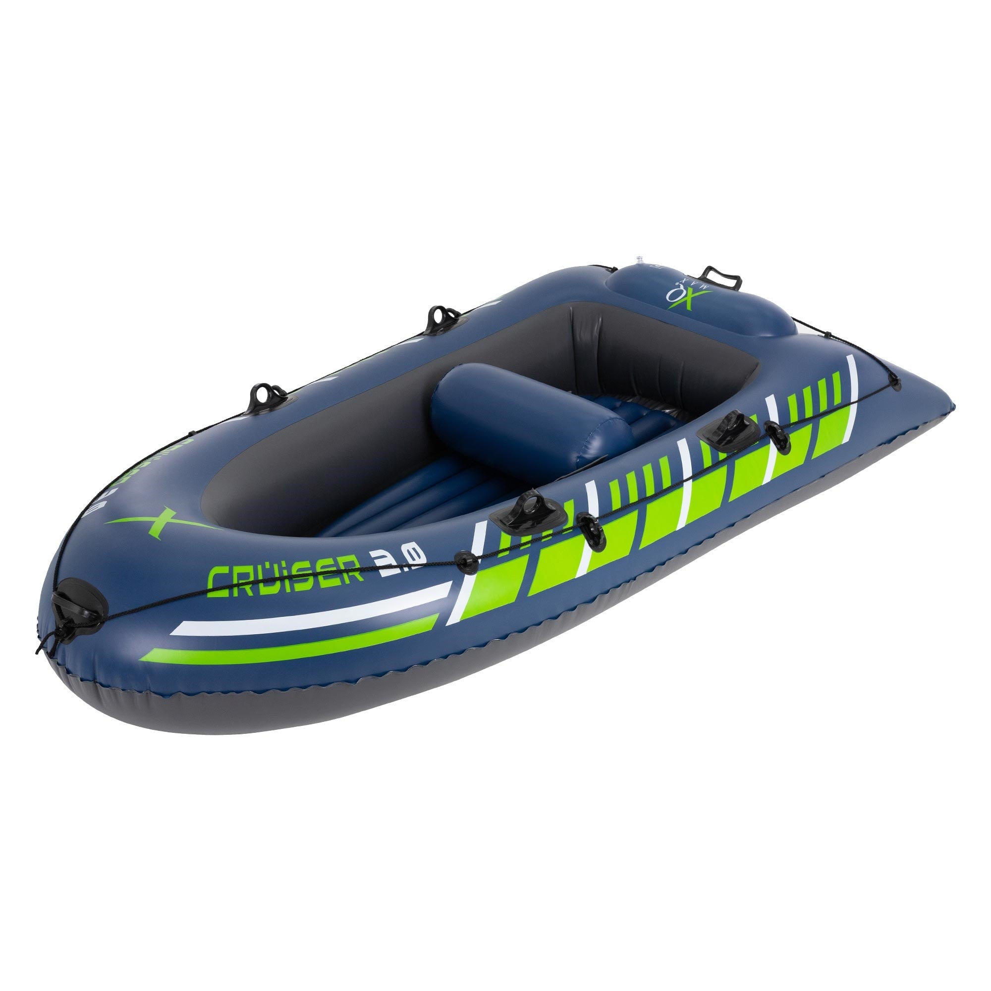Ein aufblasbares Boot in Blau und Grün, ohne Personen.