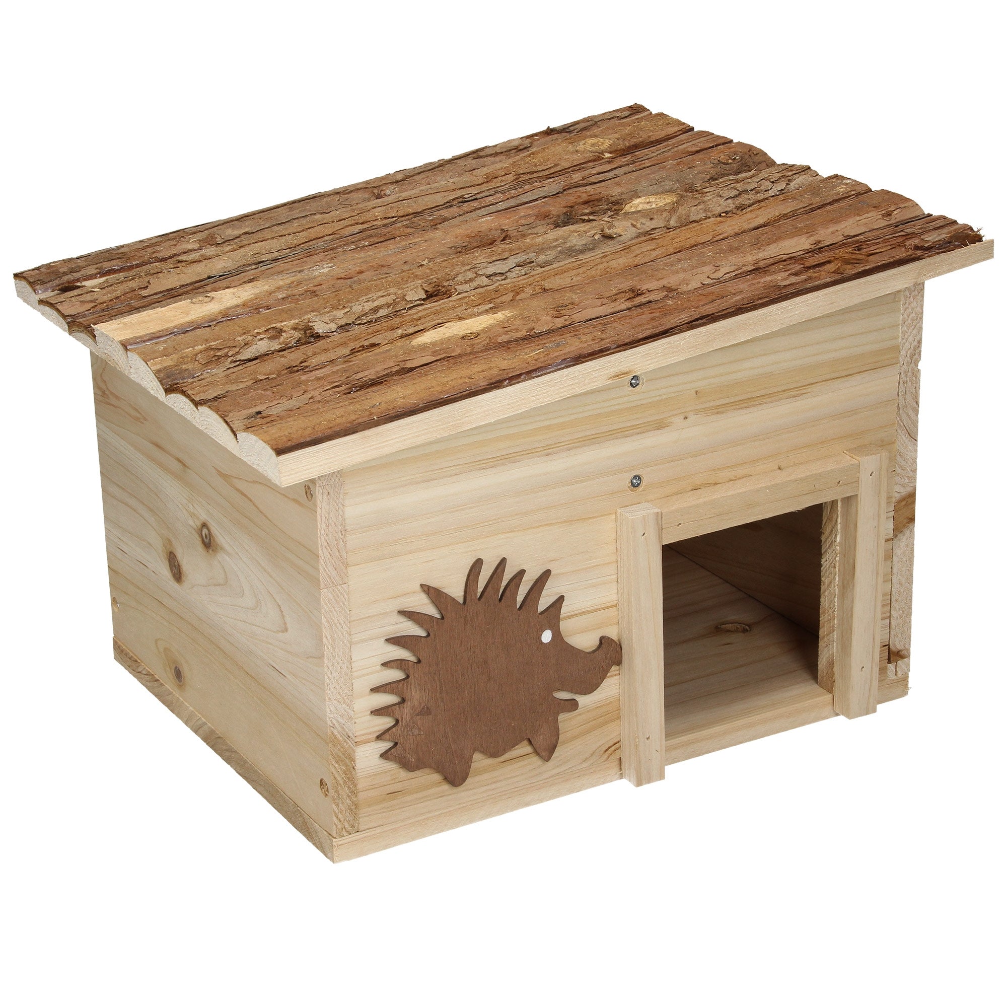 Ein Igelhaus aus Holz mit einem Eingang und einem Dach aus Rinde.