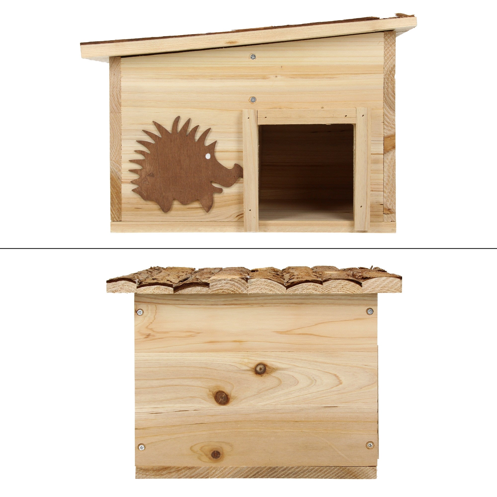 Ein Igelhaus aus Holz, von vorne und von der Seite sichtbar.
