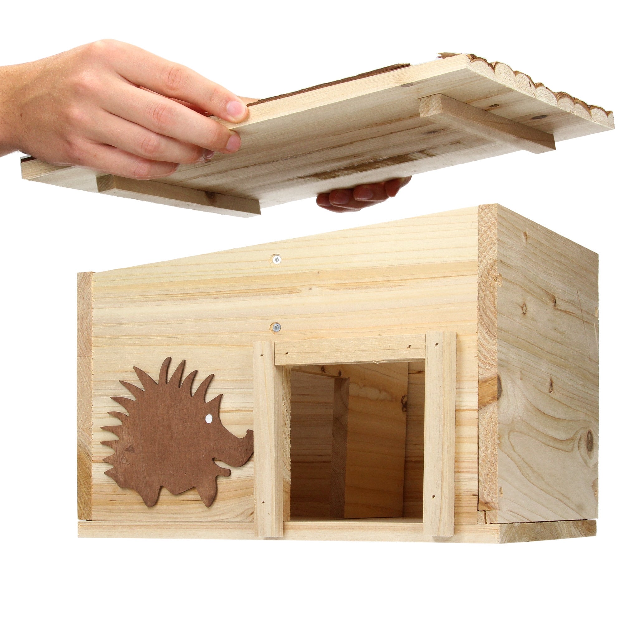 Holzhaus mit einem Igel-Symbol, das geöffnet wird.