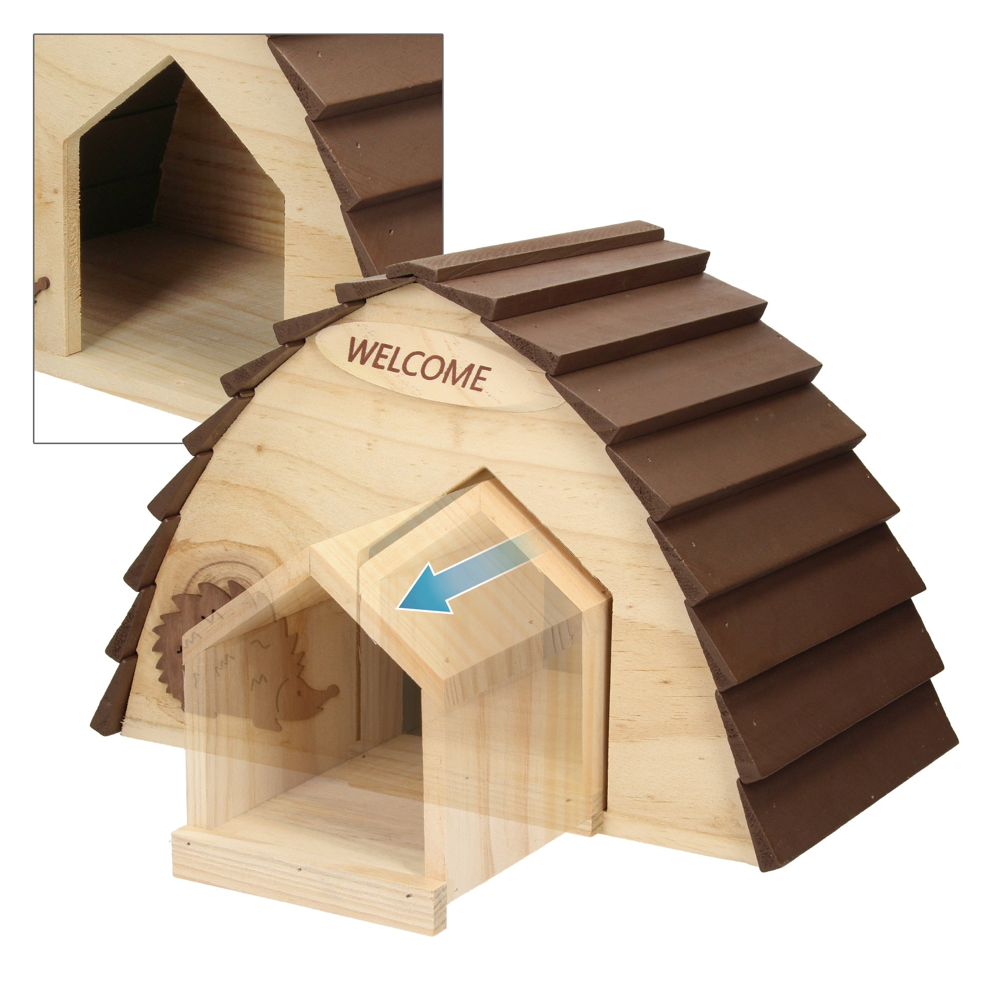 Holzhaus mit einem Eingang und dem Schriftzug 'WELCOME'.