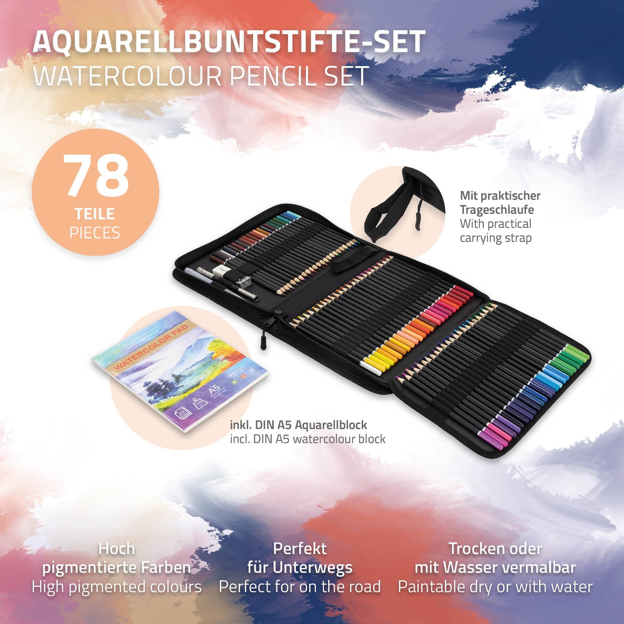 Ein Set von Aquarellbuntstiften in einer praktischen Tasche.