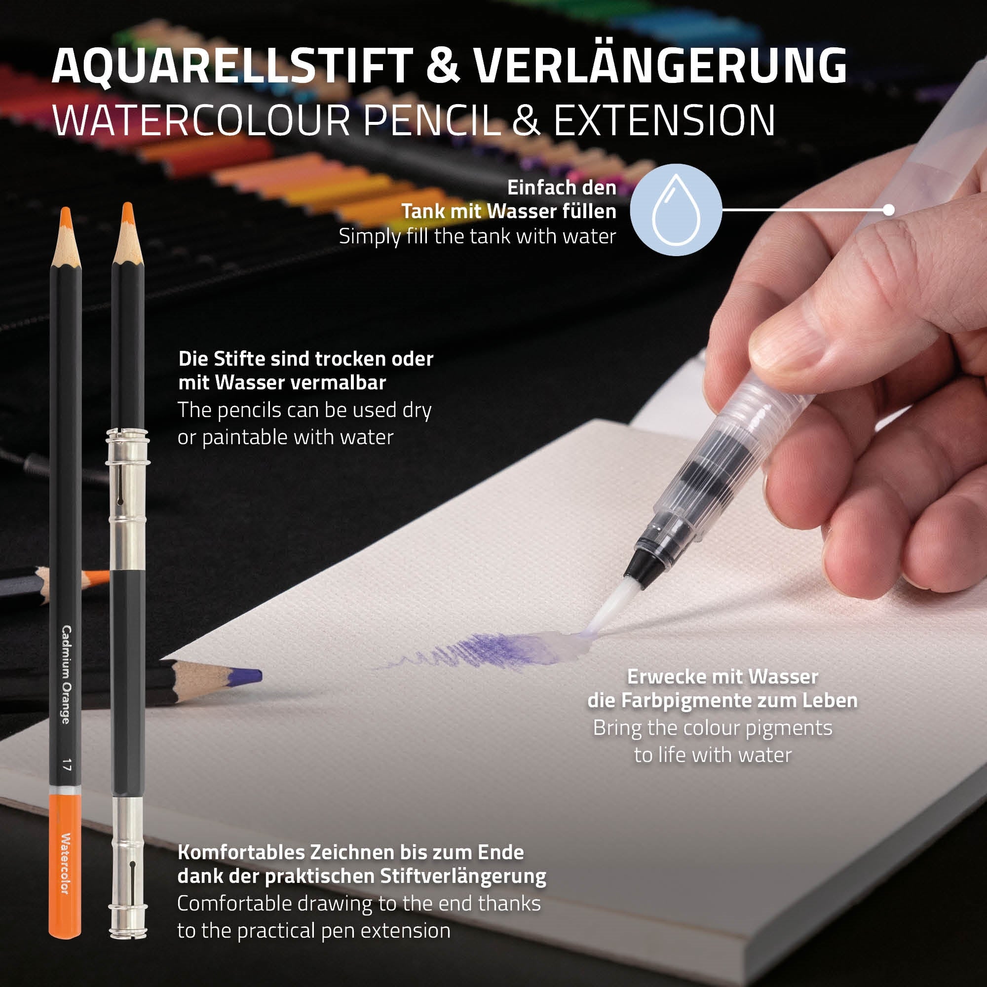 Hand, die einen Aquarellstift über Papier hält, Wasser wird hinzugefügt