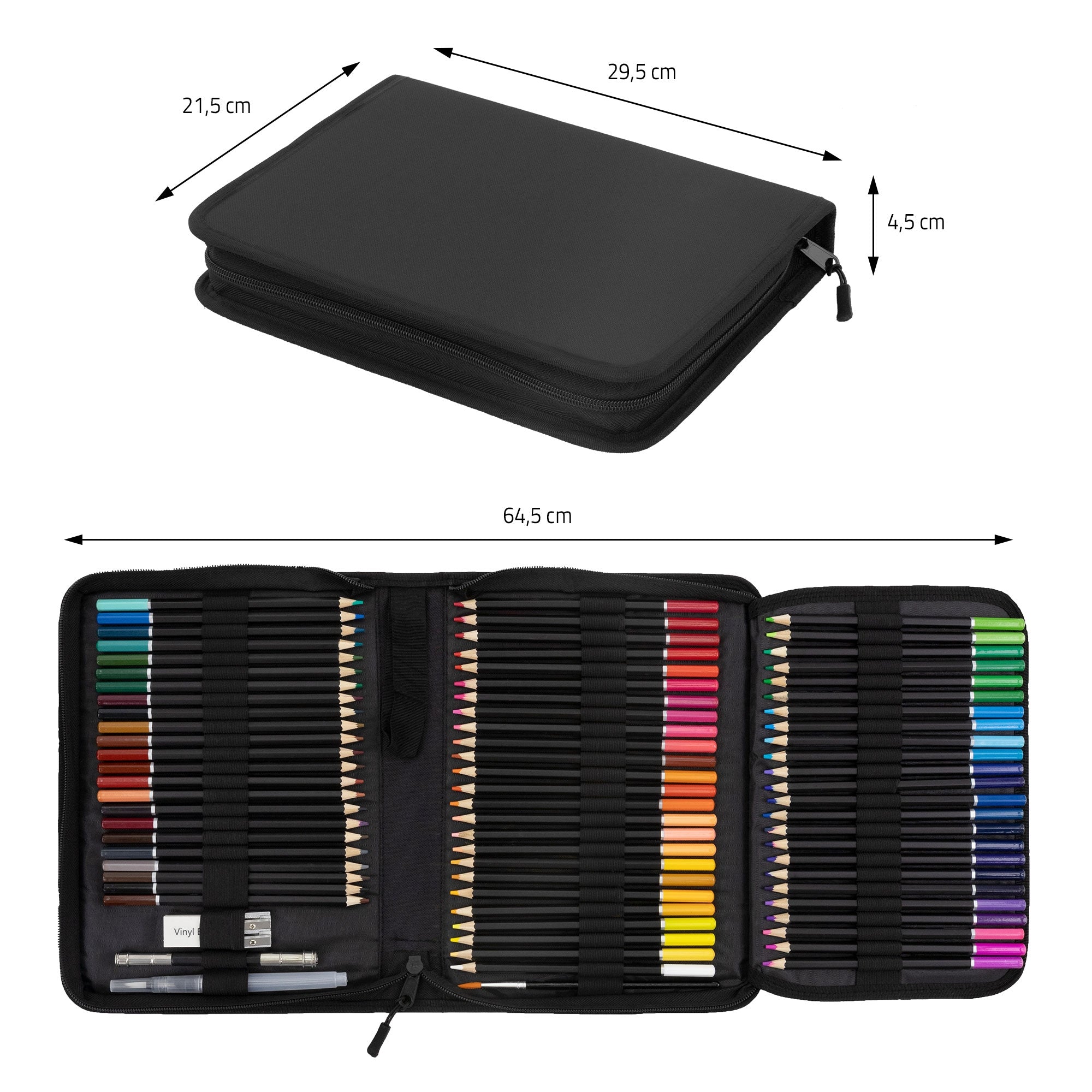 Schwarzes Etui mit Buntstiften in verschiedenen Farben, geöffnet und geschlossen.
