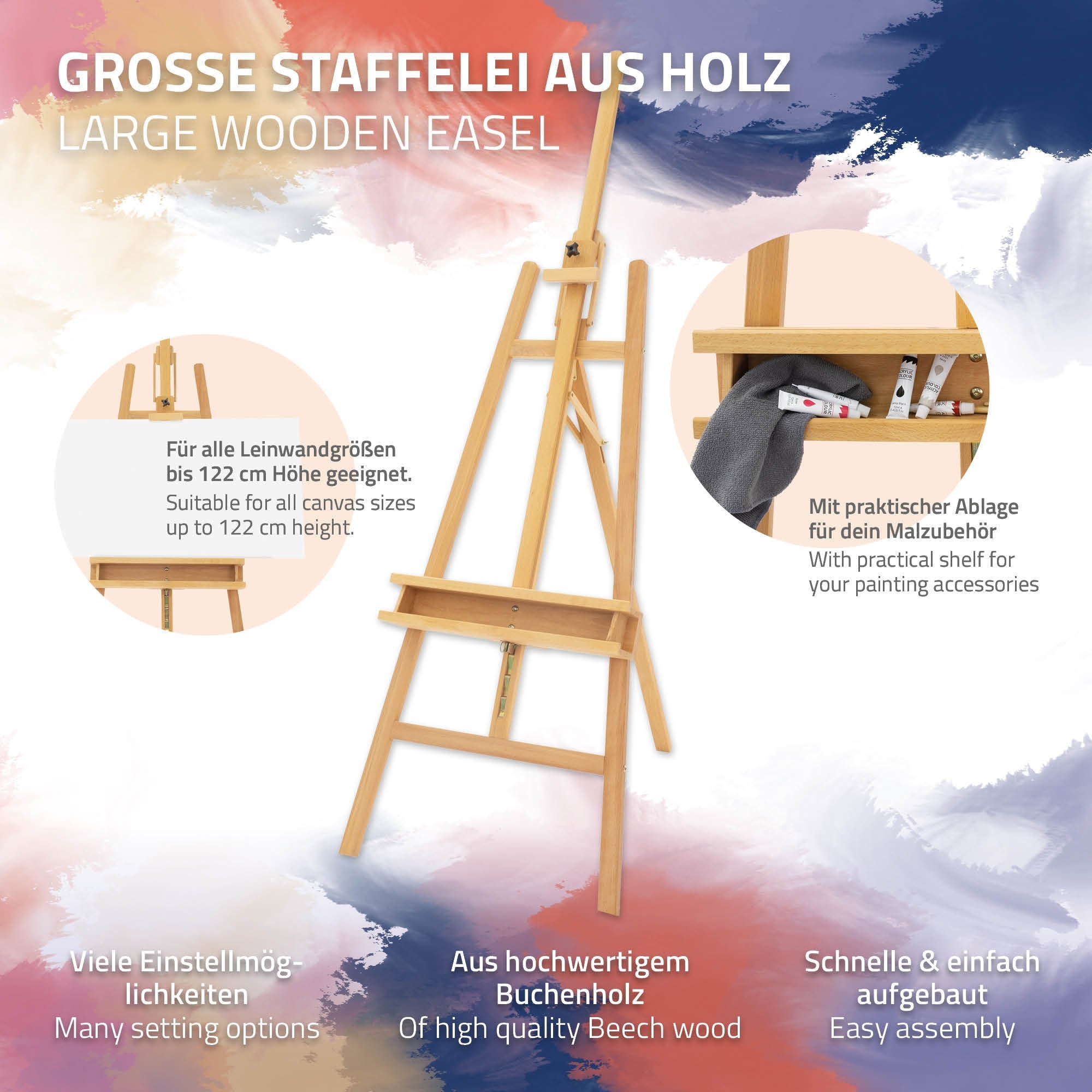 Holzstaffelei mit Ablage, in verschiedenen Positionen dargestellt.