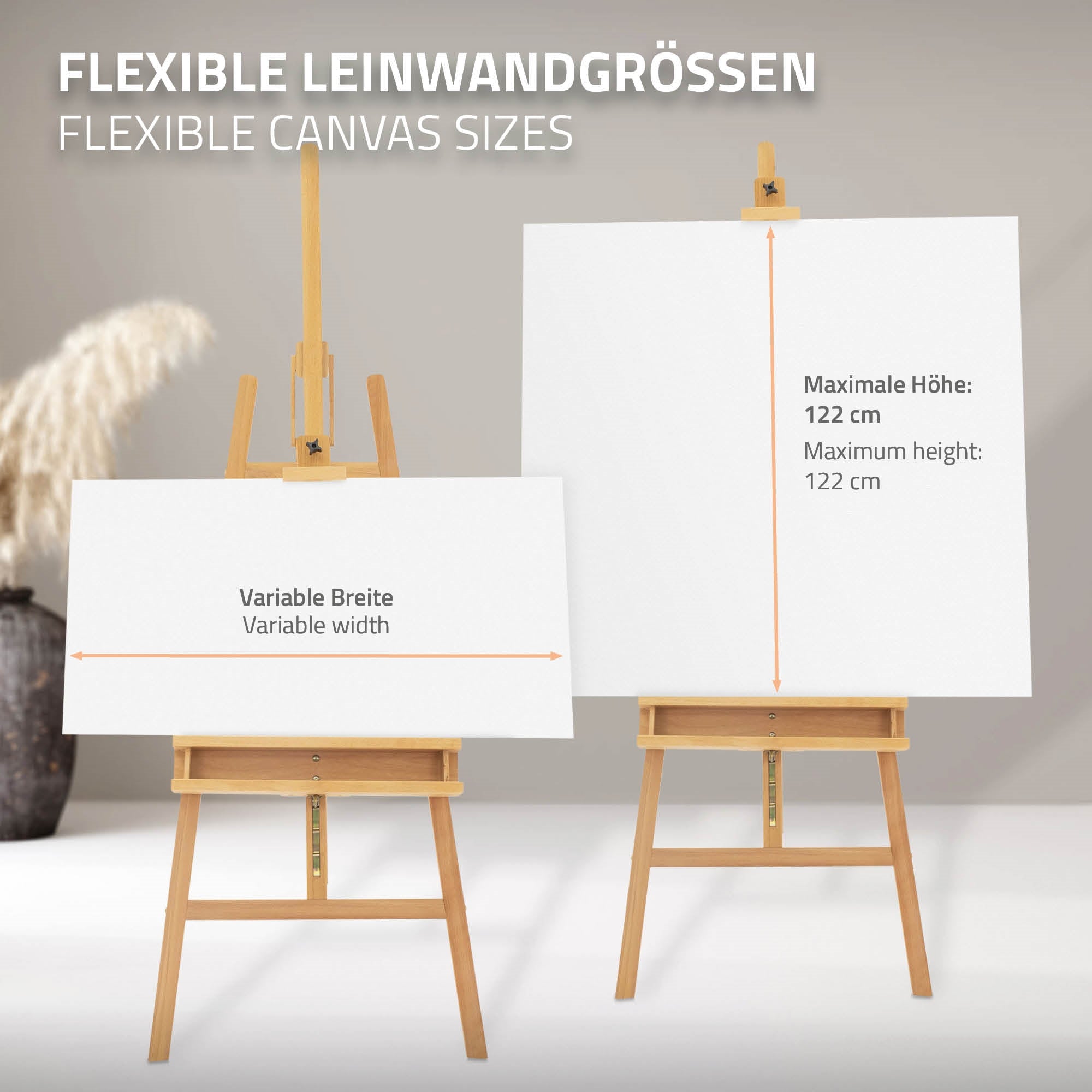 Two canvases in different sizes on a wooden easel.