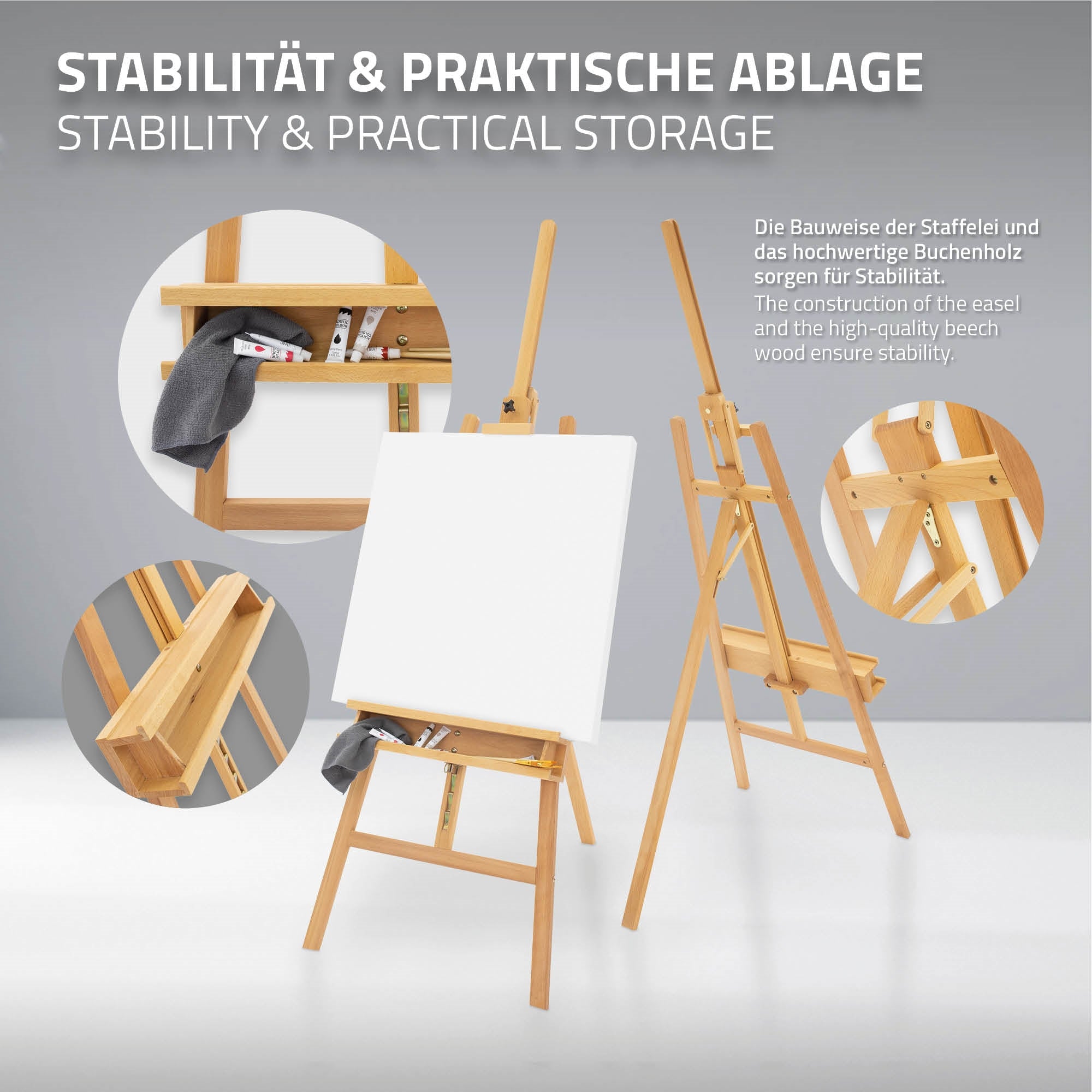 Wooden easel with an empty canvas frame and shelves.