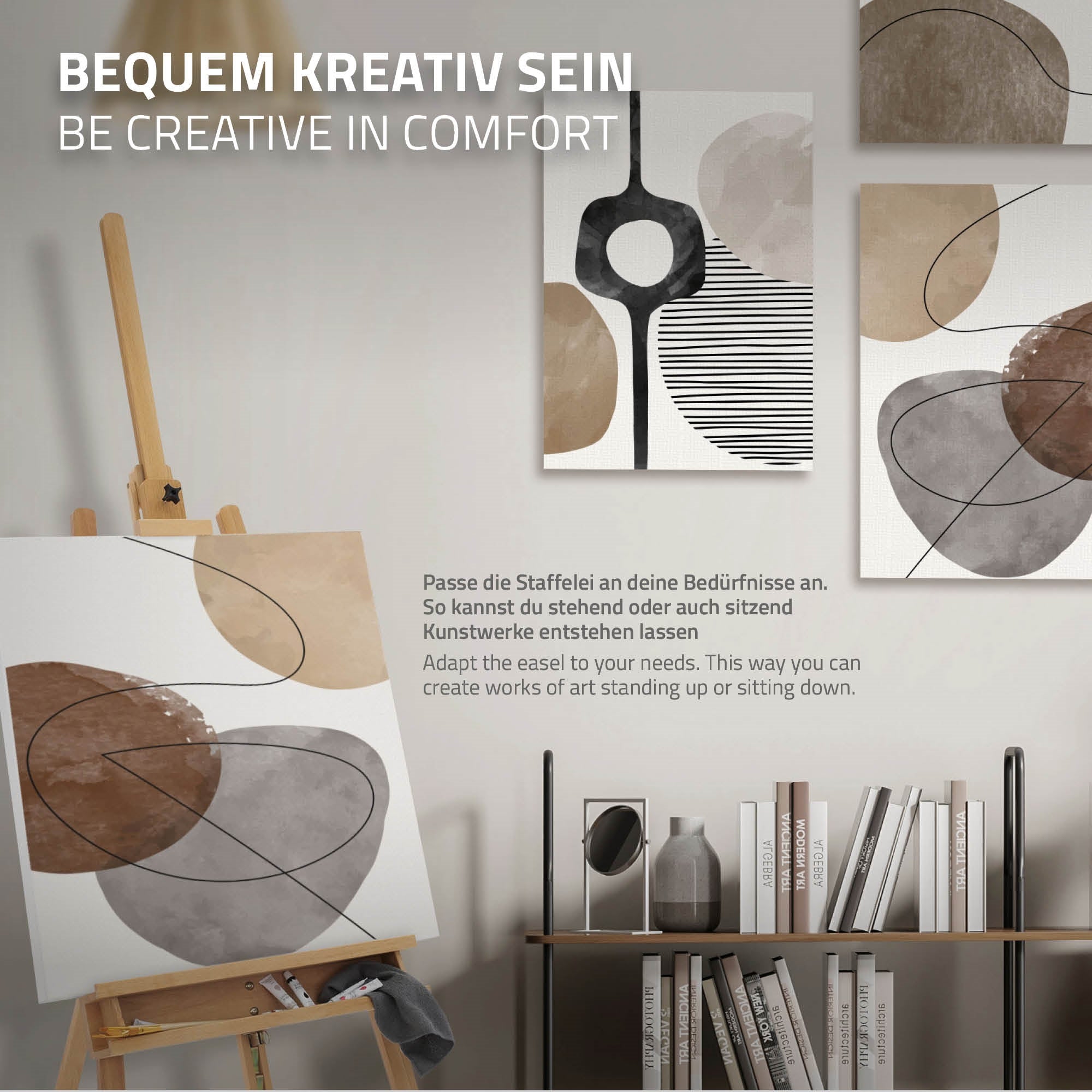 Canvases on an easel, modern artworks in neutral colors.