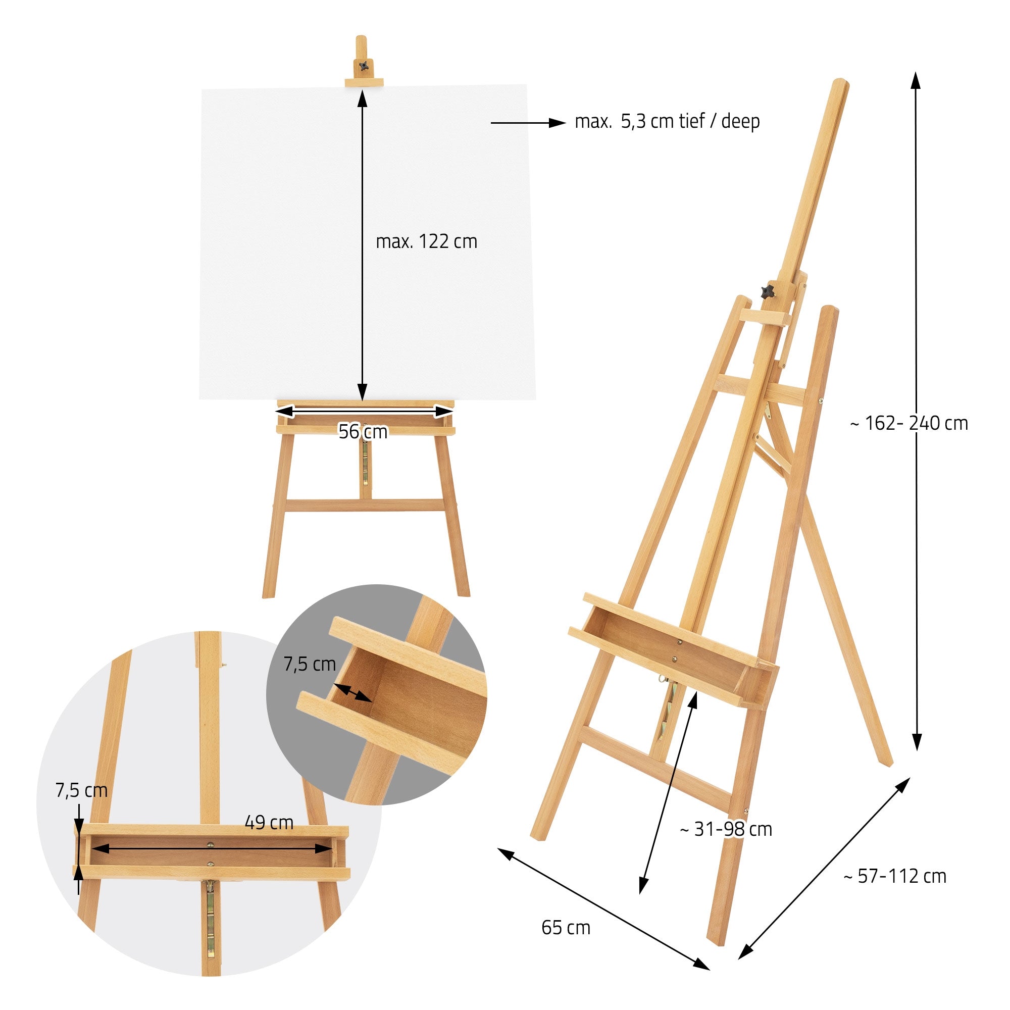 Close-up view of an easel with measurements and a canvas.
