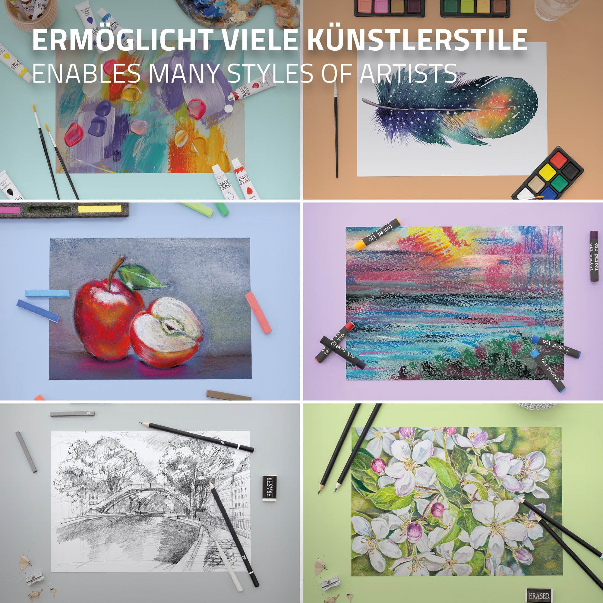 Sechs Kunstwerke auf verschiedenen Hintergründen, mit Stiften und Farben.