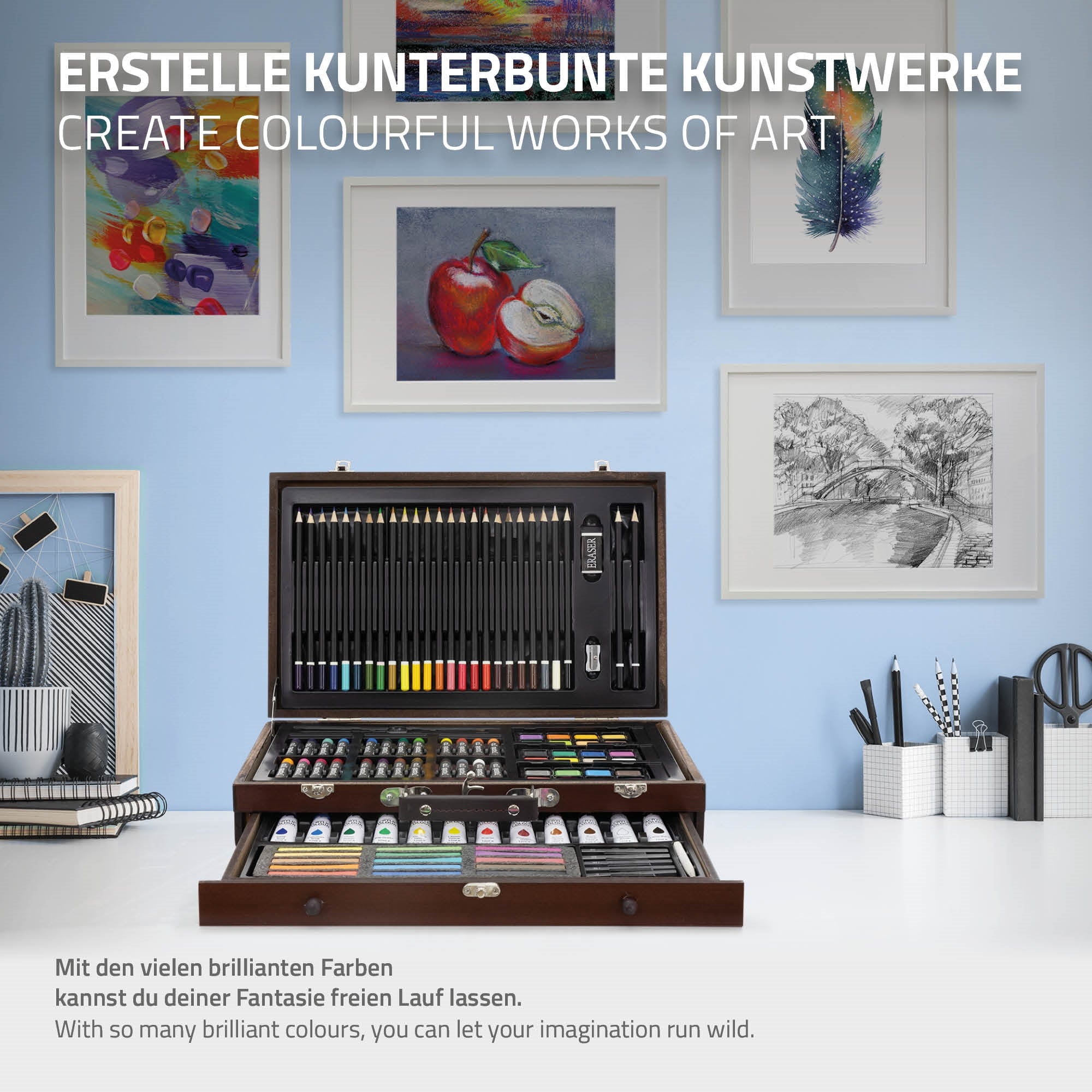 Art supplies in a wooden box, surrounded by colorful drawings.