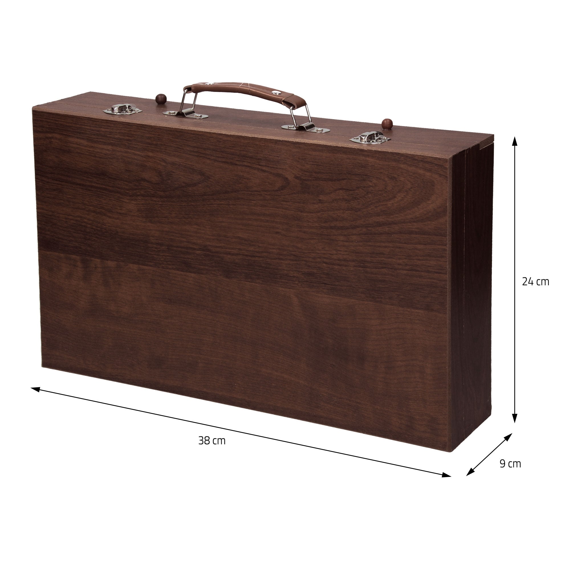 Wooden case with a handle, photographed from the front.