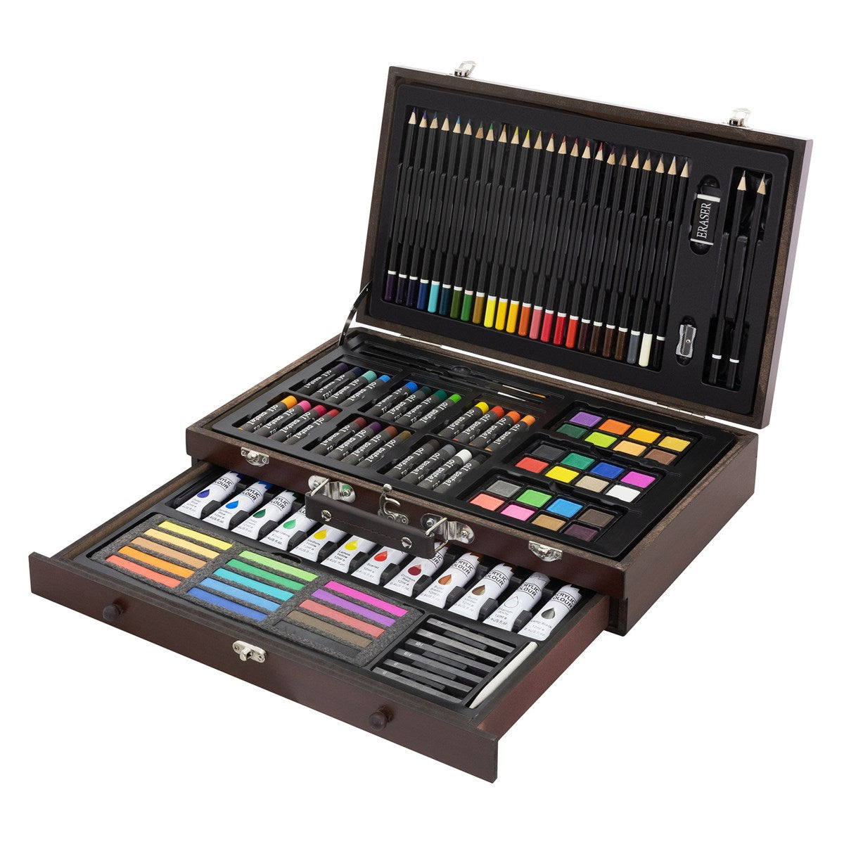 A wooden box with various painting supplies and paints.