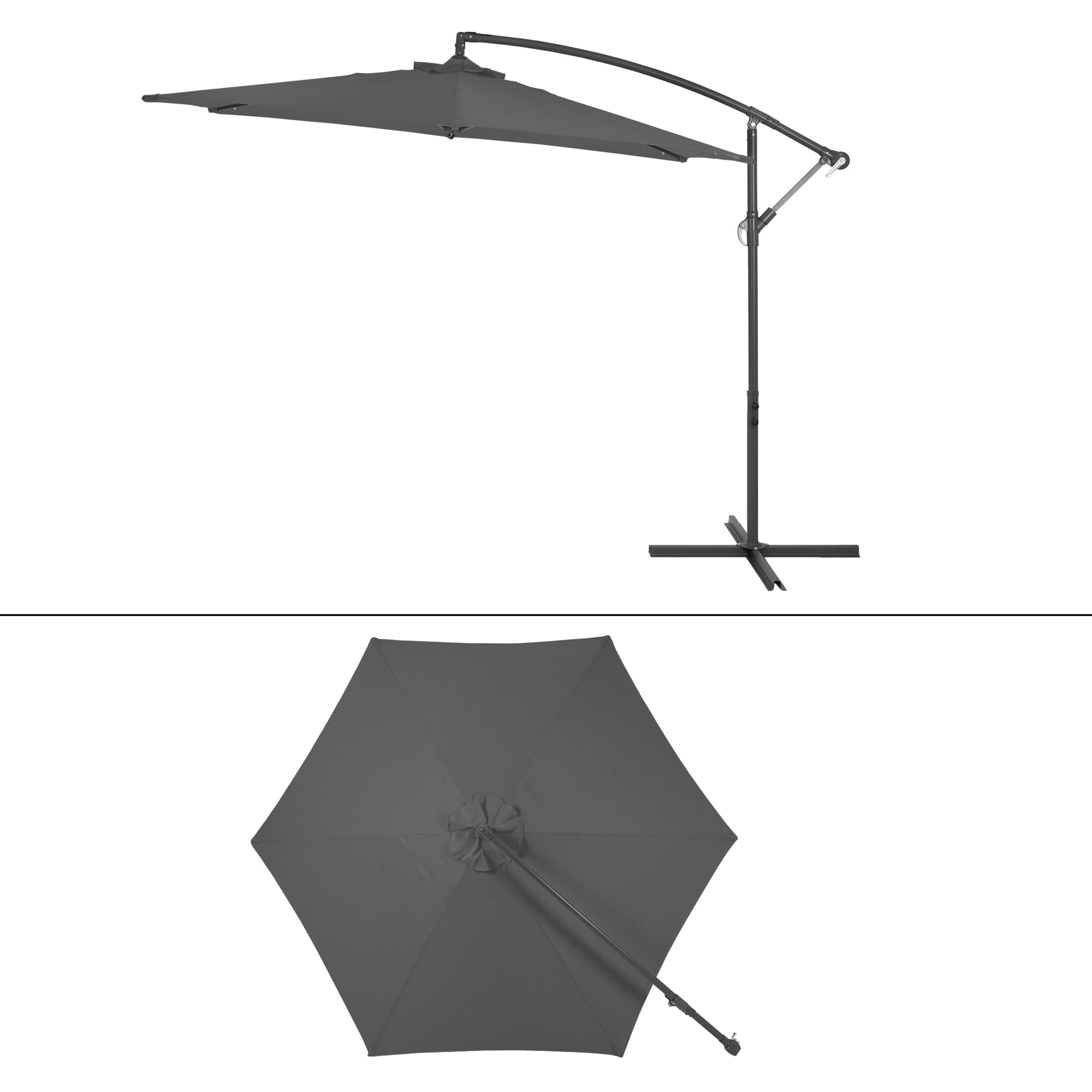 Gartenparasol in aufgespanntem Zustand mit Ständer.