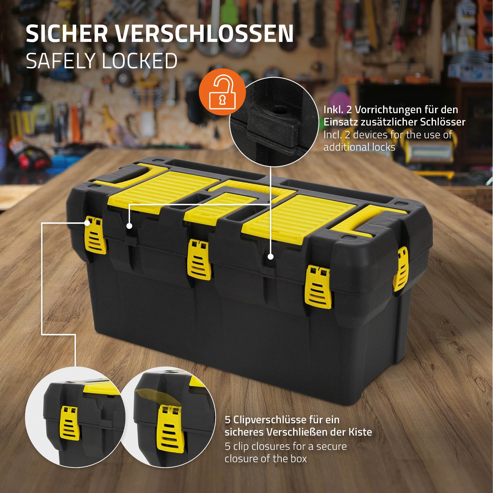 Sicher verschlossene Werkzeugkiste mit gelben Clips.