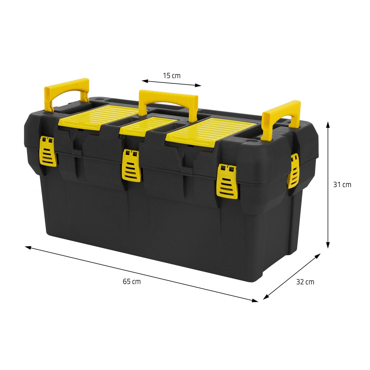 Boîte à outils avec dimensions et deux poignées.