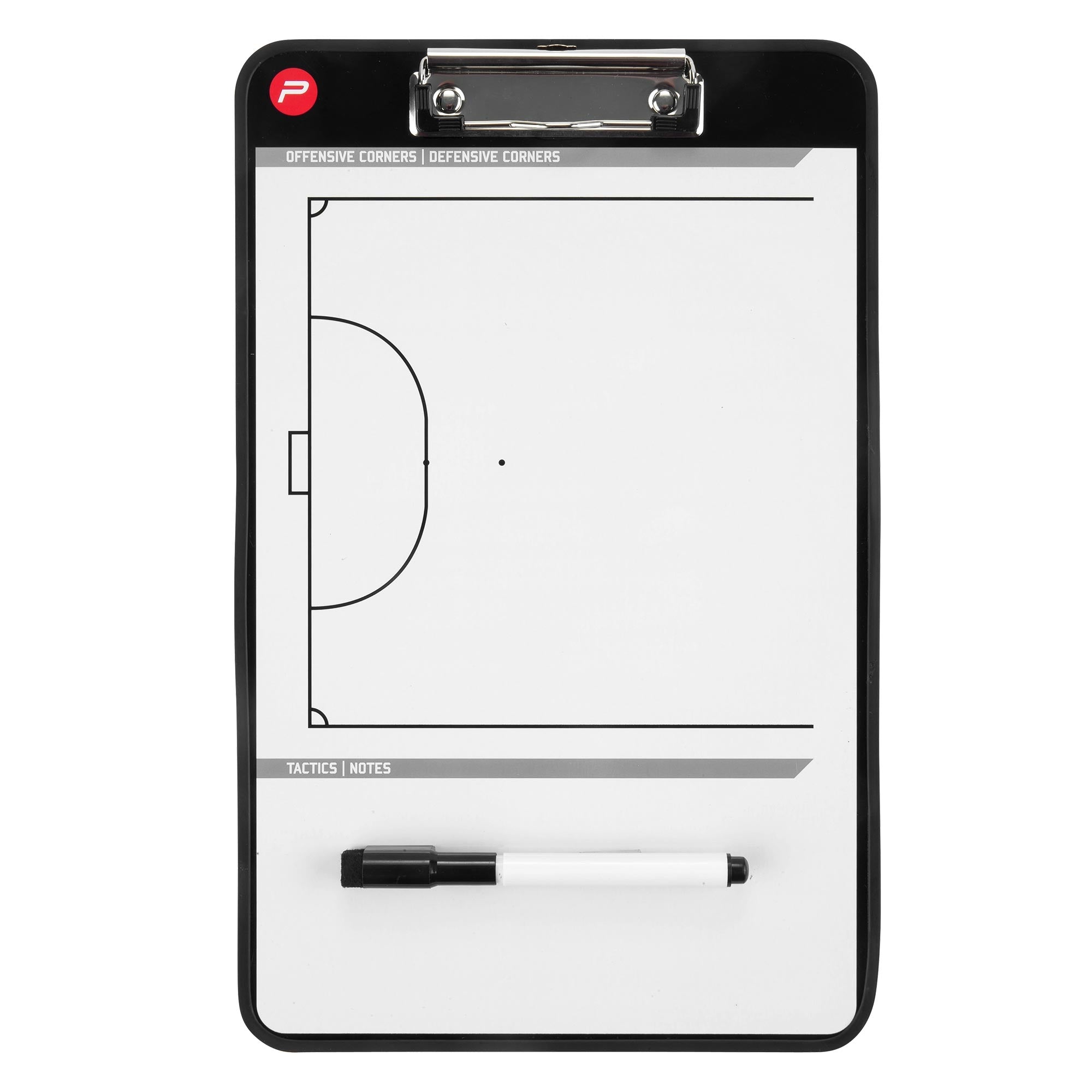 Writing board with a soccer field layout and a pen.