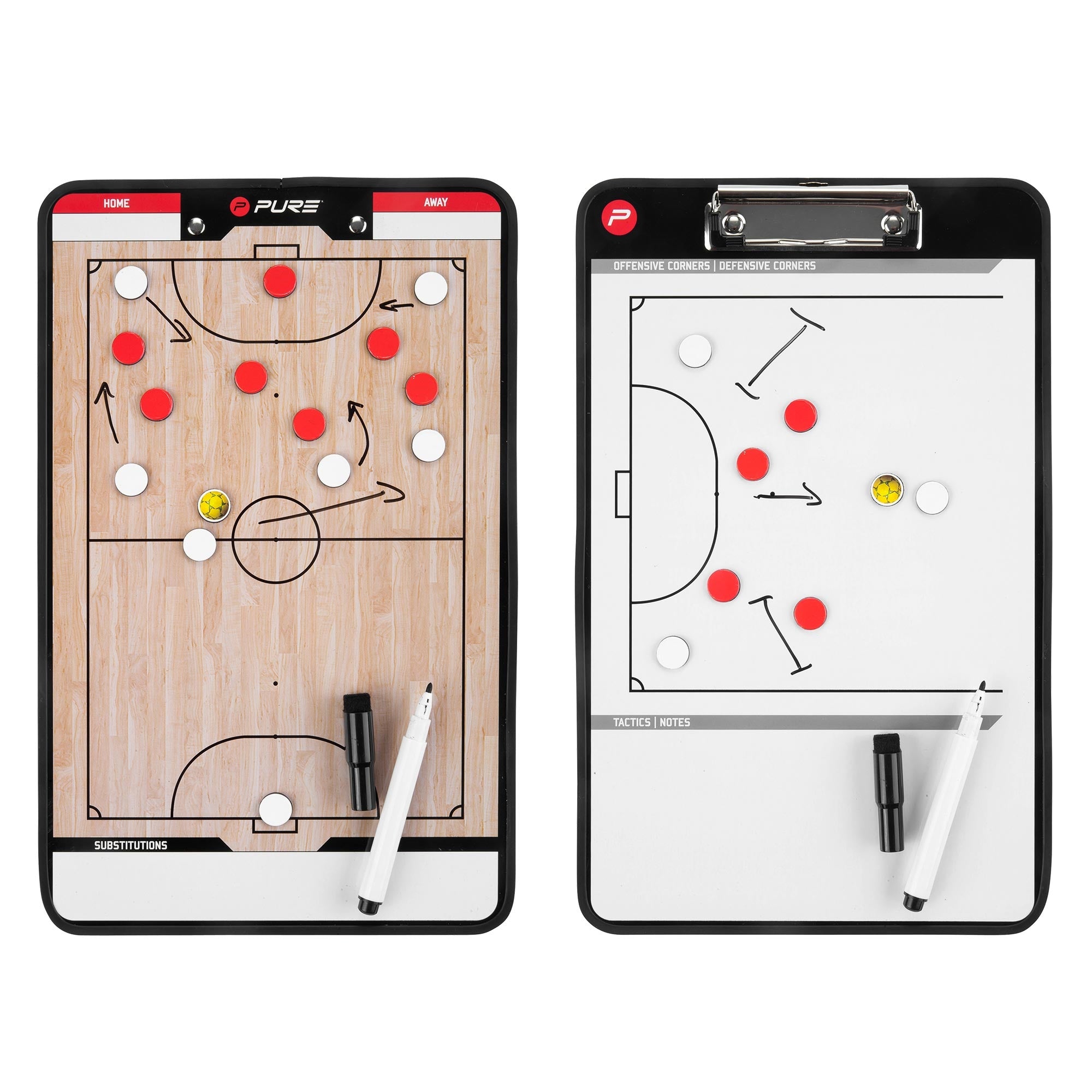 Tactics board for sports with a playing field and markings in red and white.