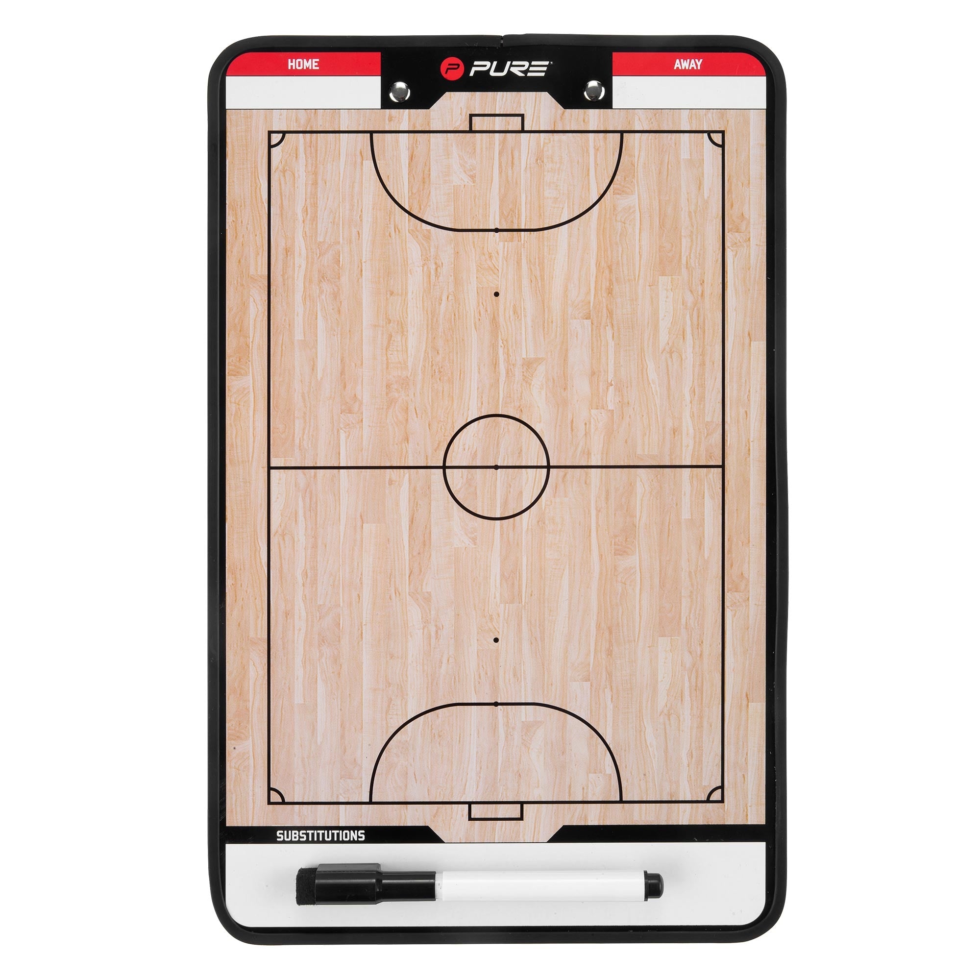 A basketball court on a tactic board with lines and markings.