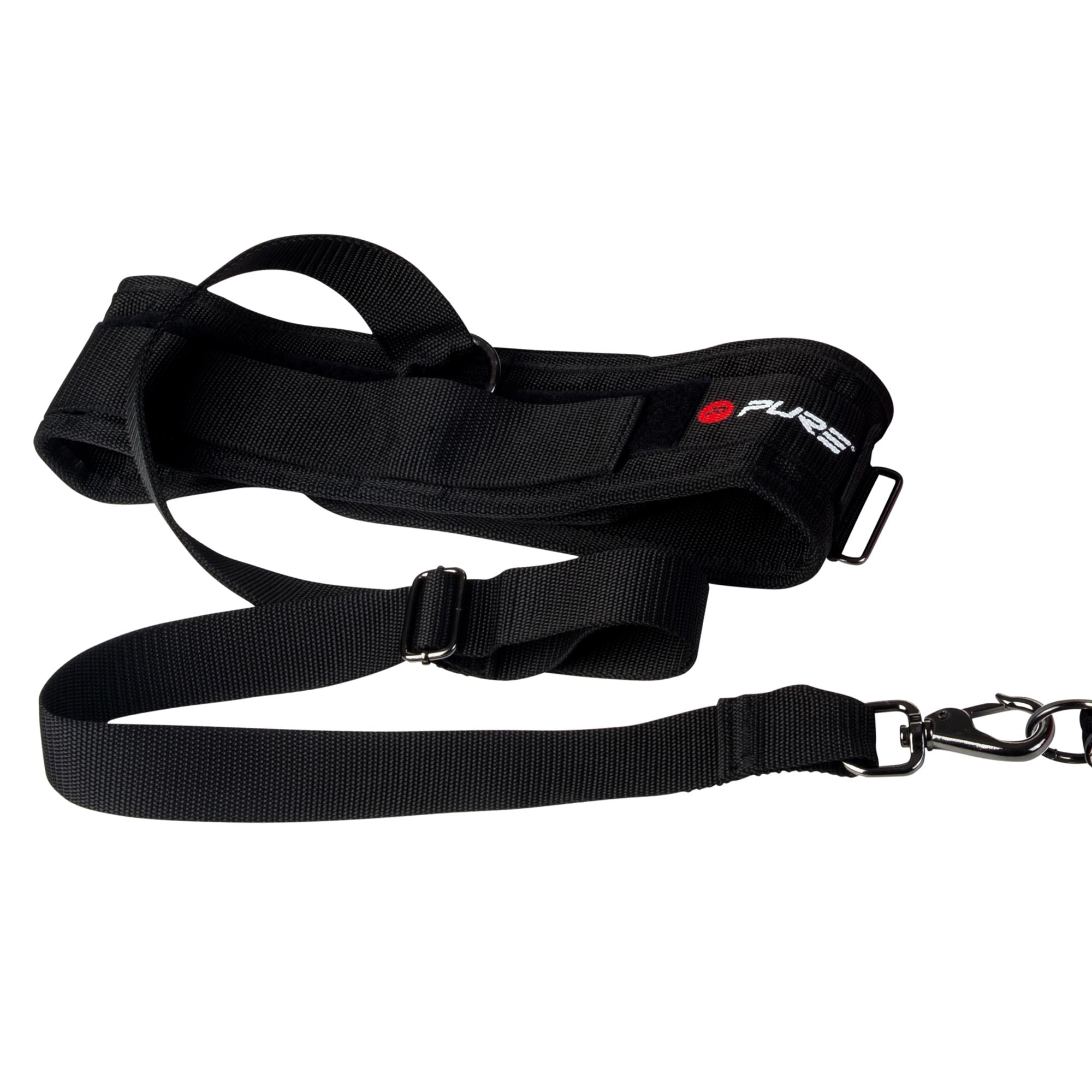 Schwarzer Hundegeschirr mit Leine, aus strapazierfähigem Material.