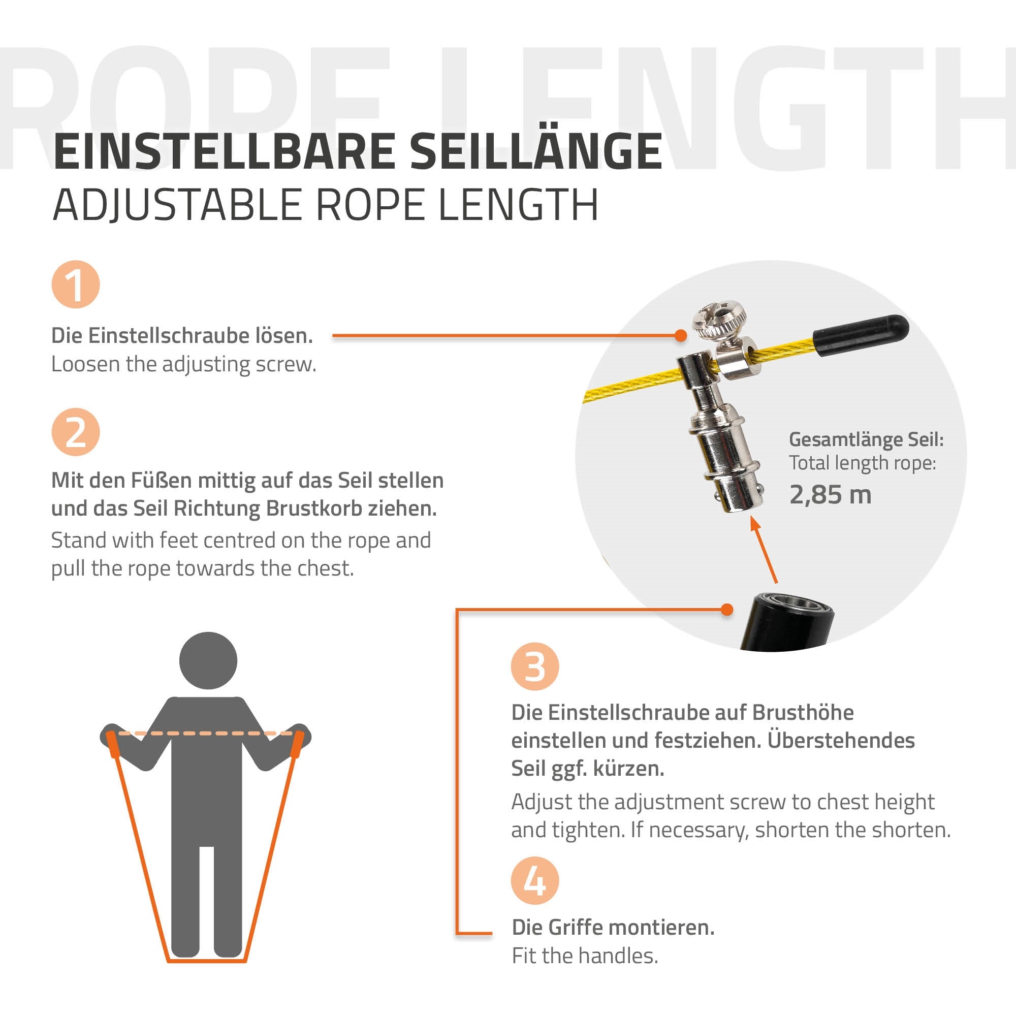 Diagram til justerbar snorlængde med instruktioner og illustration af en snormekanisme.