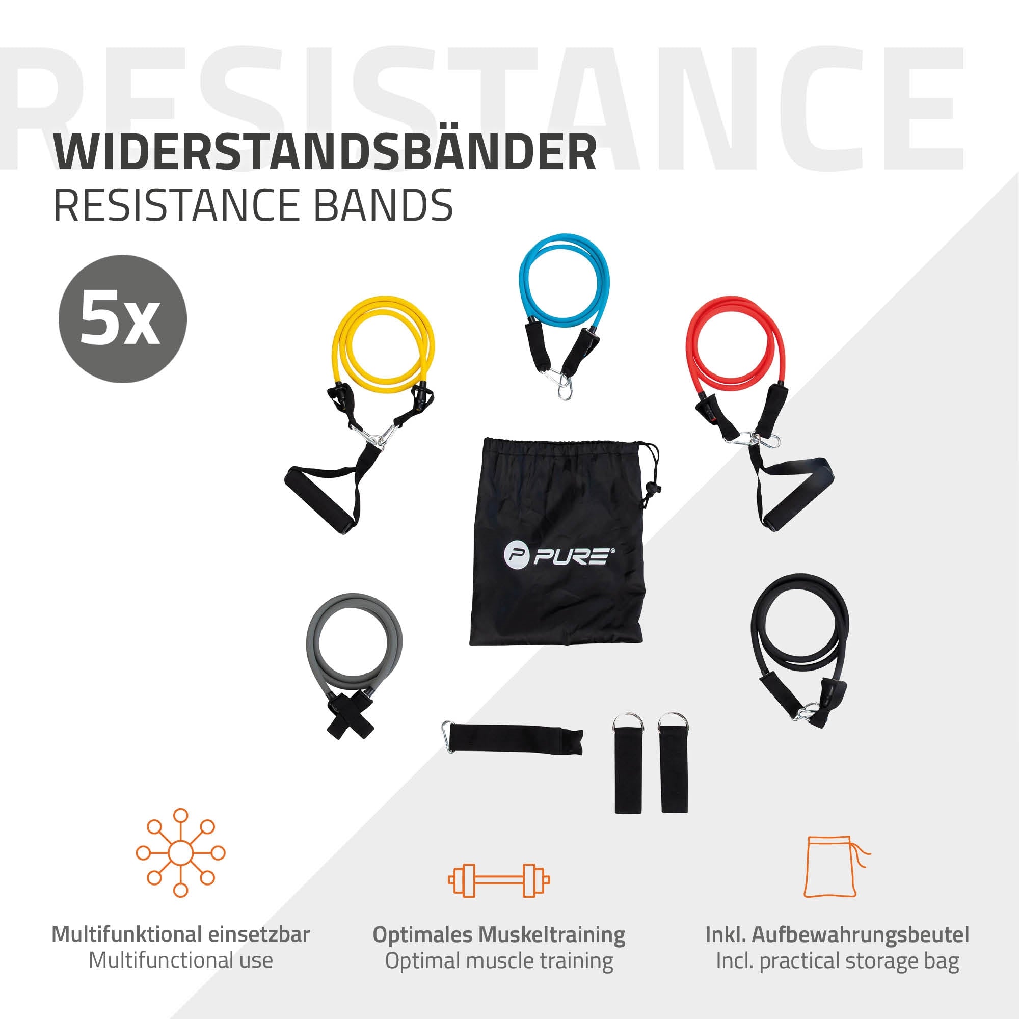 Grafik mit fünf Widerstandsbändern und Aufbewahrungsbeutel.
