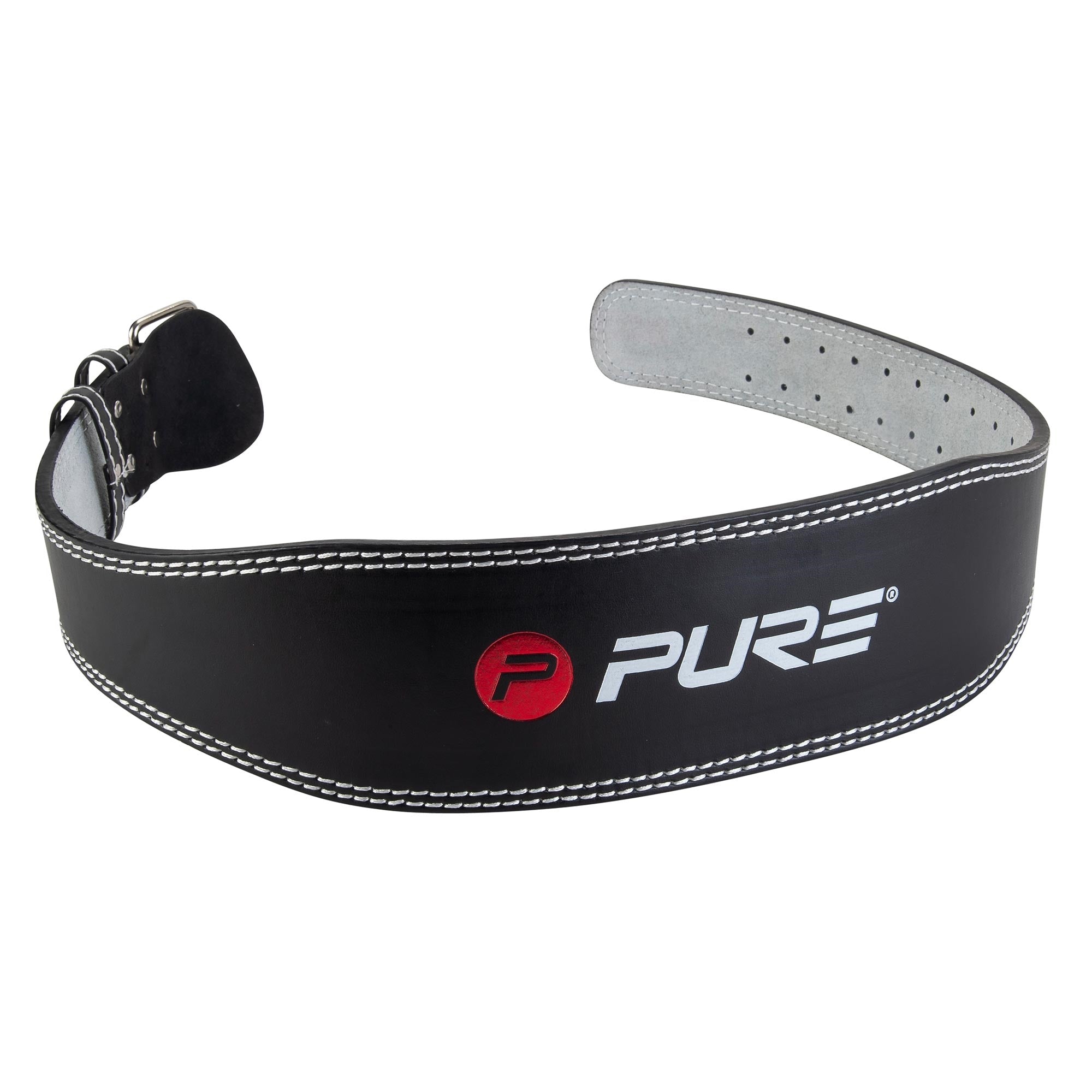 Schwarzer Fitnessgürtel mit weißer Naht und Logo auf einer weißen Fläche.