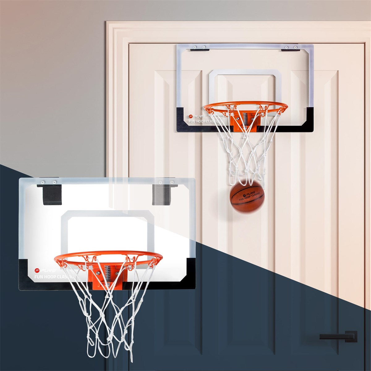 En basketballkurv hænger på en dør med en bold i nettet.
