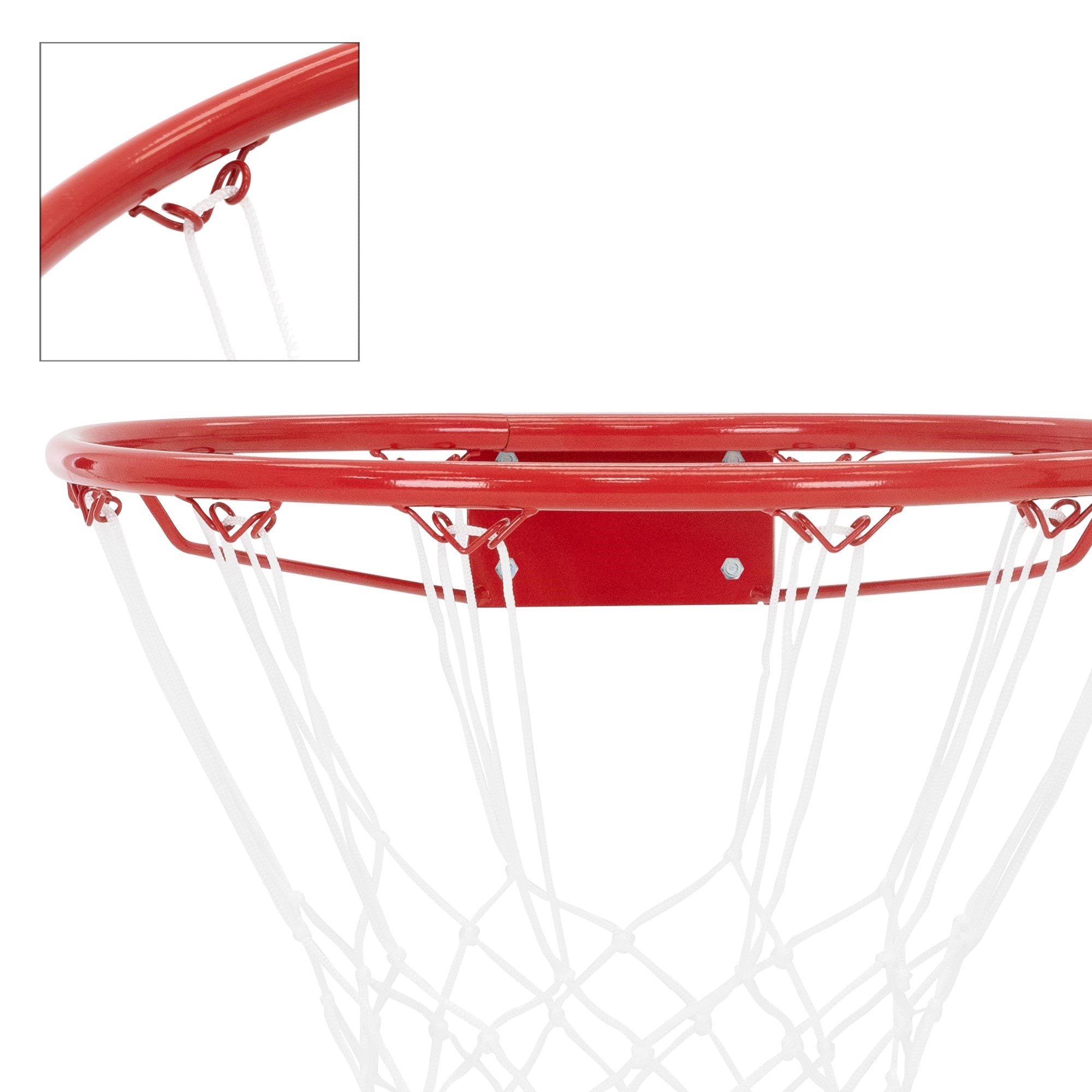 Aro de baloncesto con red y soporte, rojo y blanco.