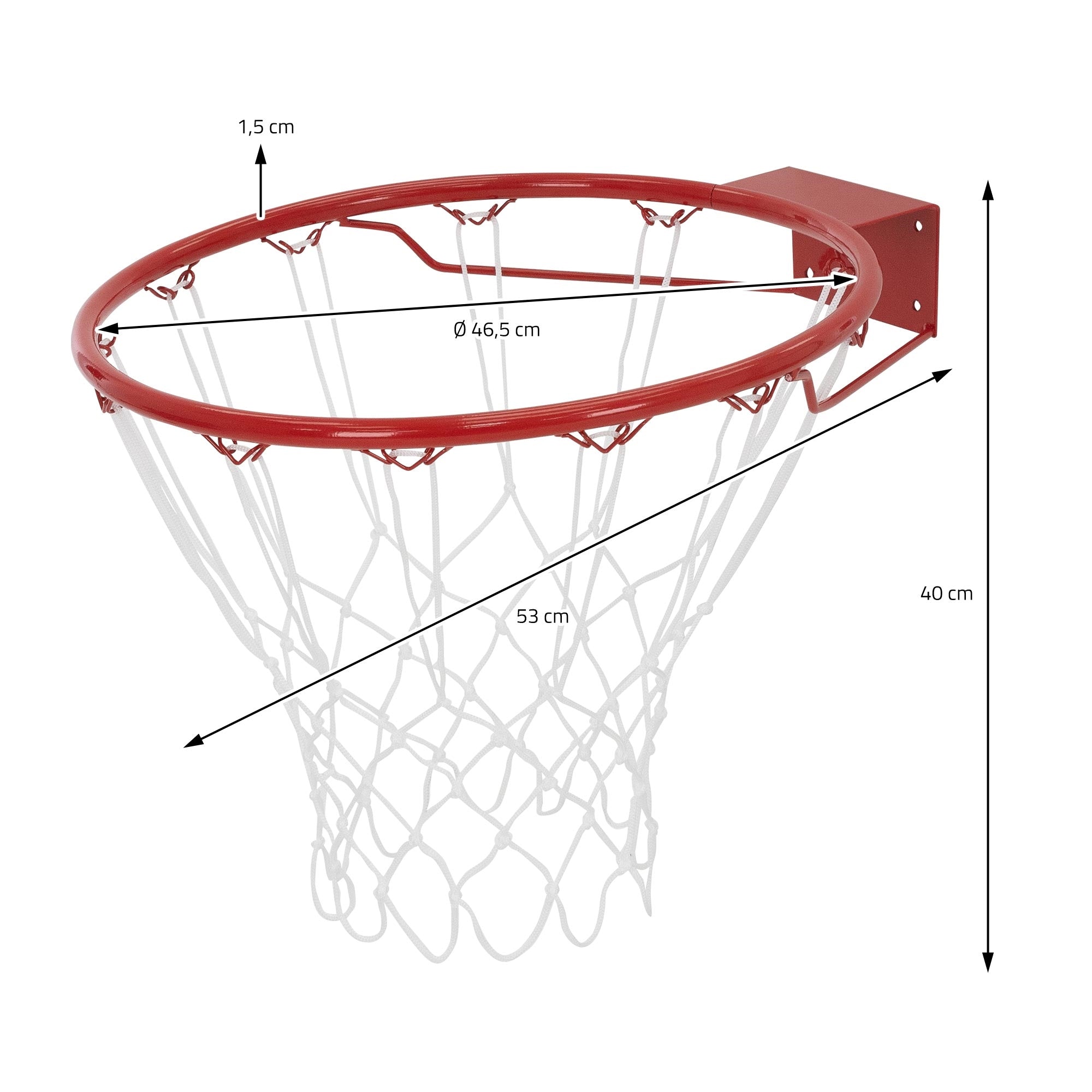 Aro de baloncesto con medidas y red.