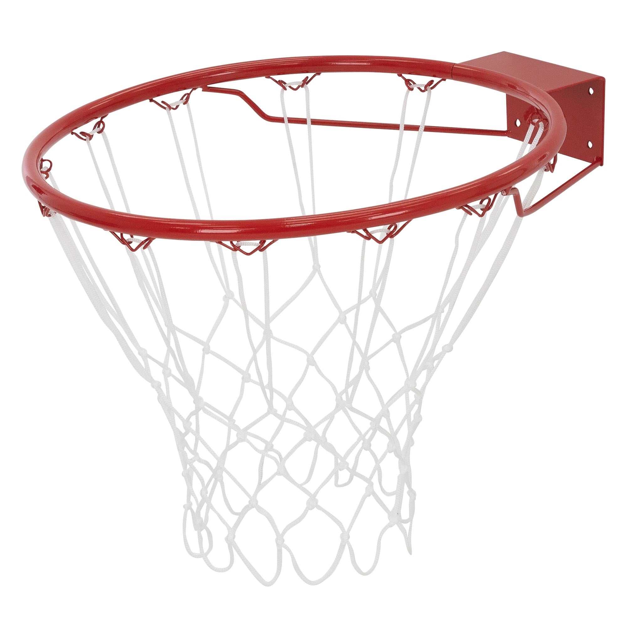 Aro de baloncesto rojo con red blanca, montado en una pared.