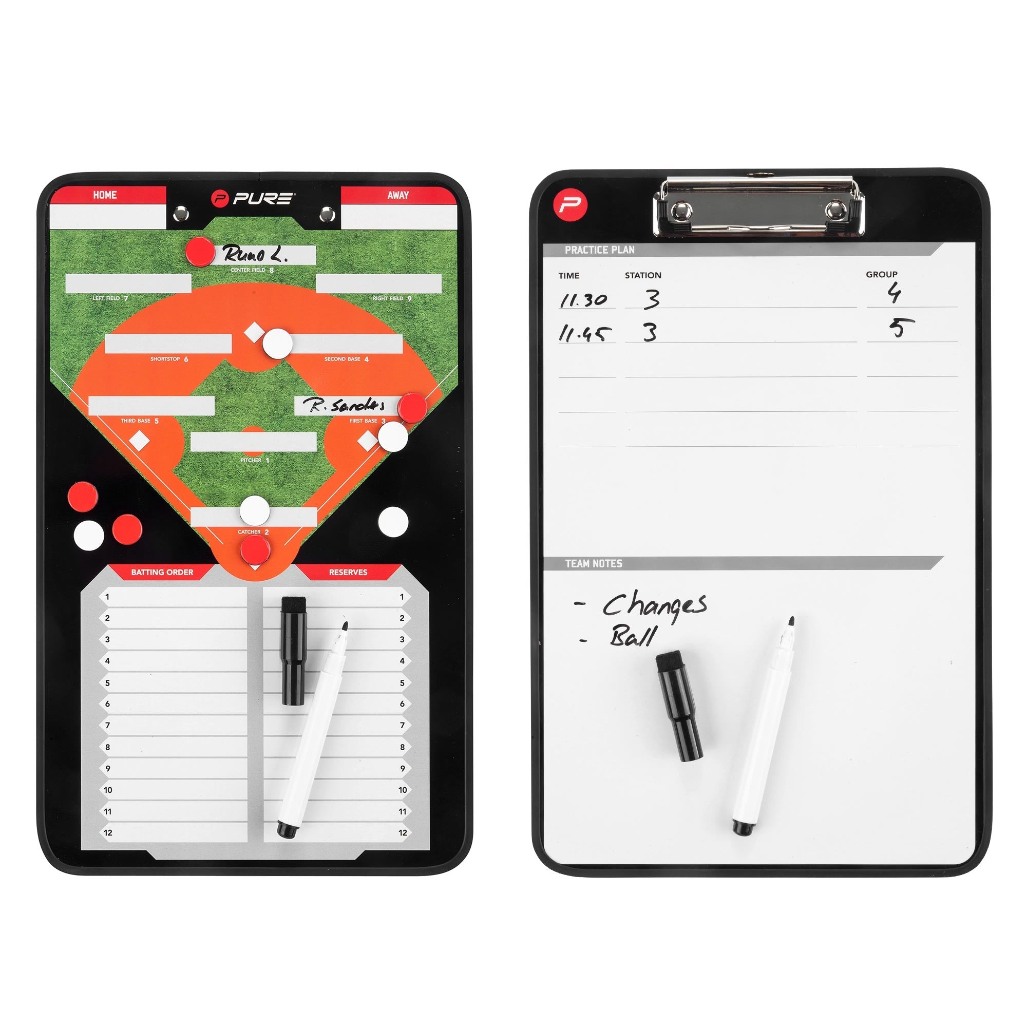 Tableau tactique de baseball avec notes et stylos.