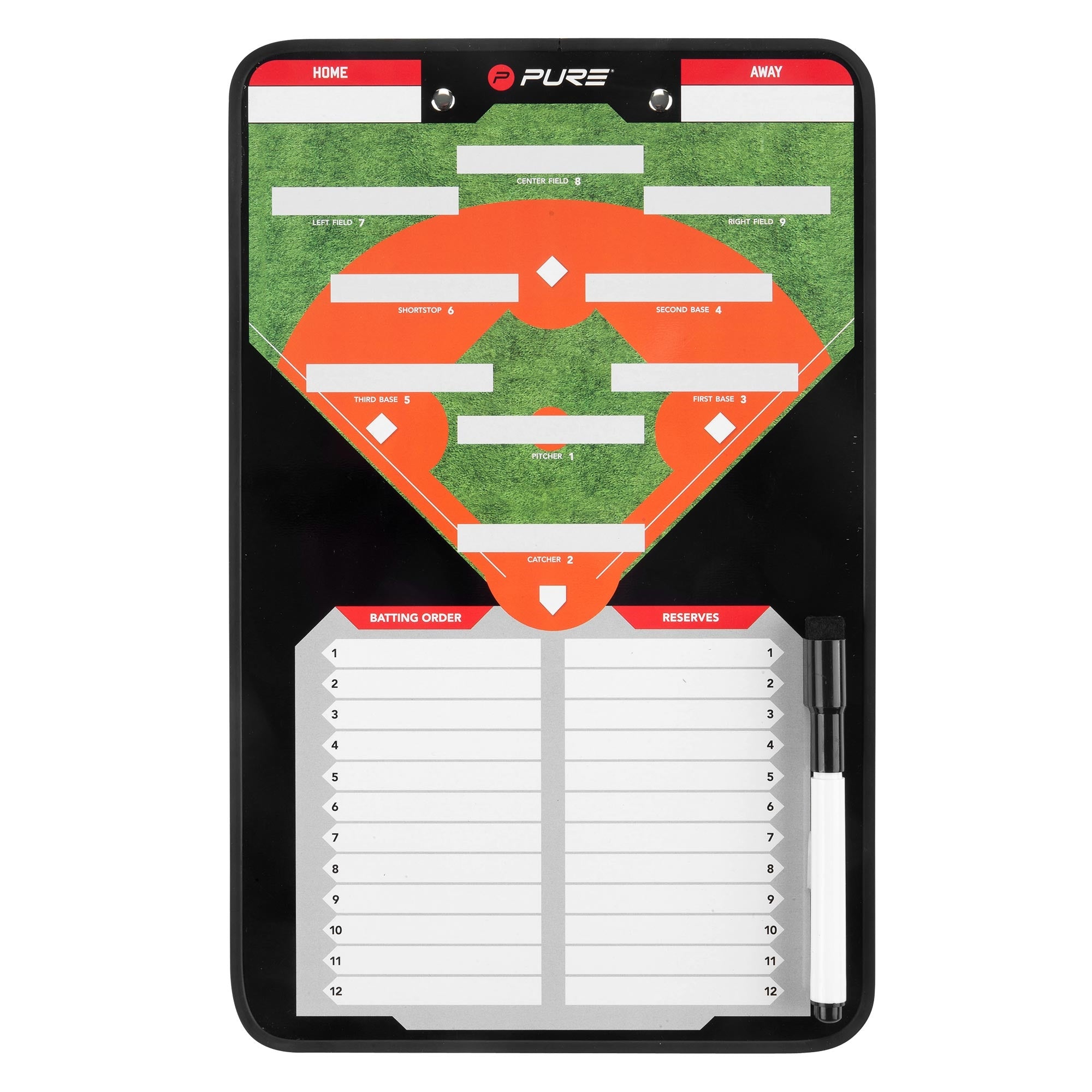 Tableau tactique avec un terrain de baseball et de la place pour les informations des joueurs.
