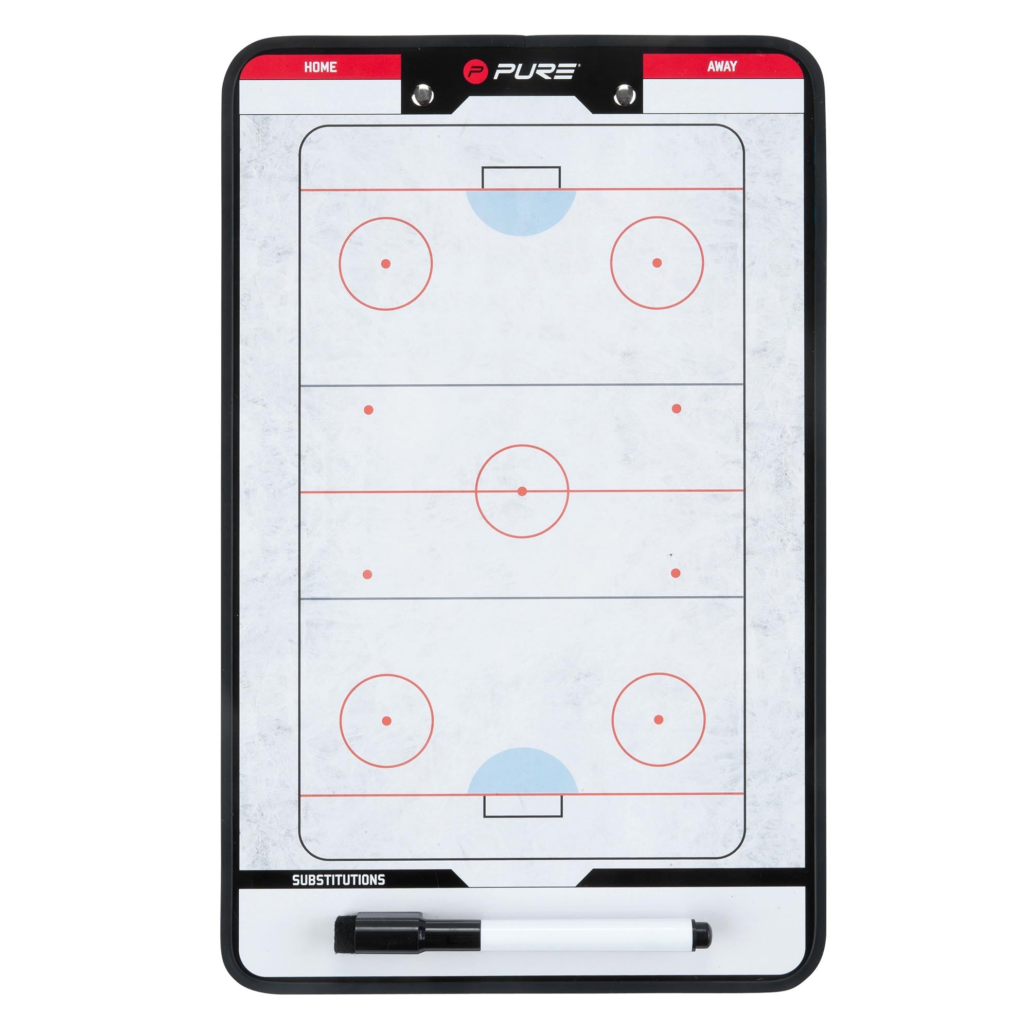 Eishockey-Taktiktafel mit Spielfeld und Stift.