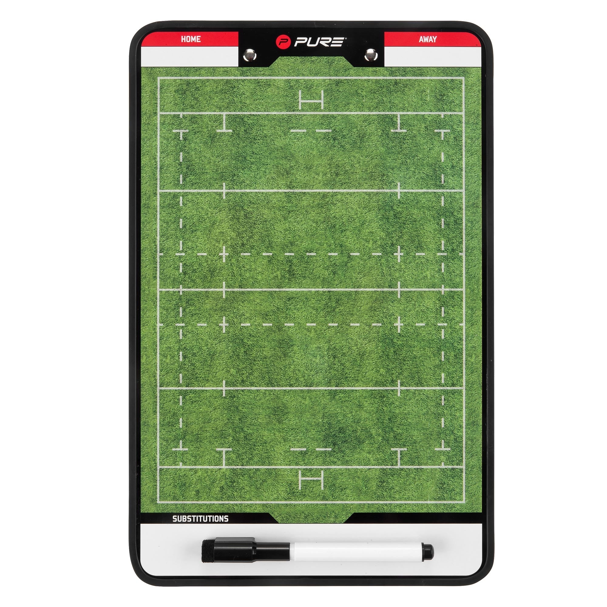 Tavola tattica per rugby con campo da gioco e spazio per sostituzioni.