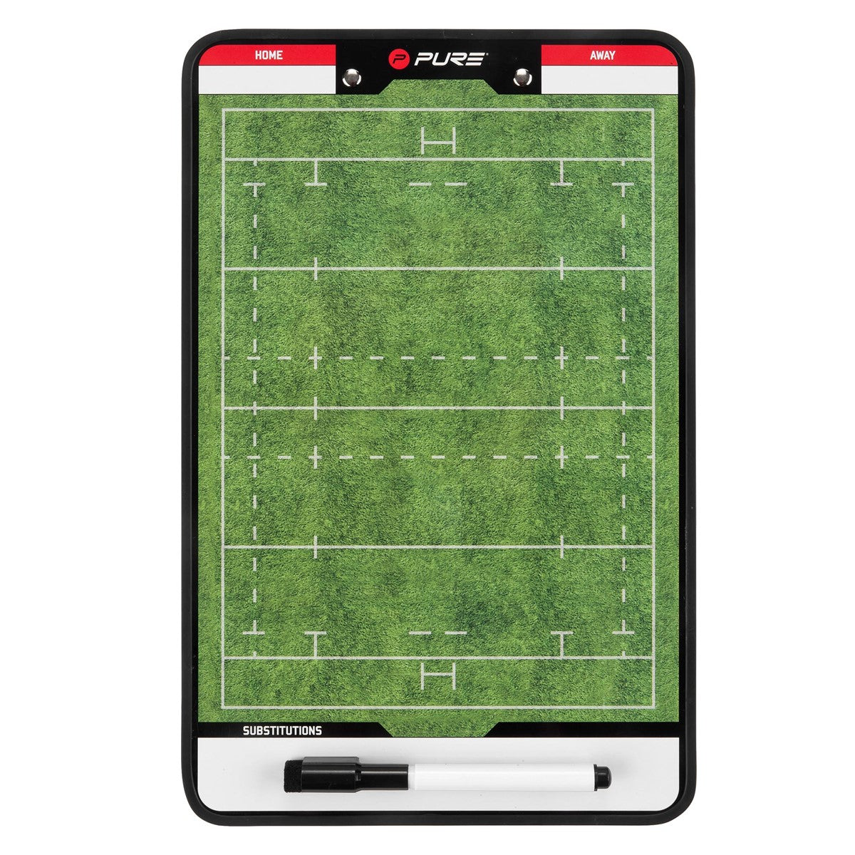 Pizarra táctica de fútbol con campo y marcador.