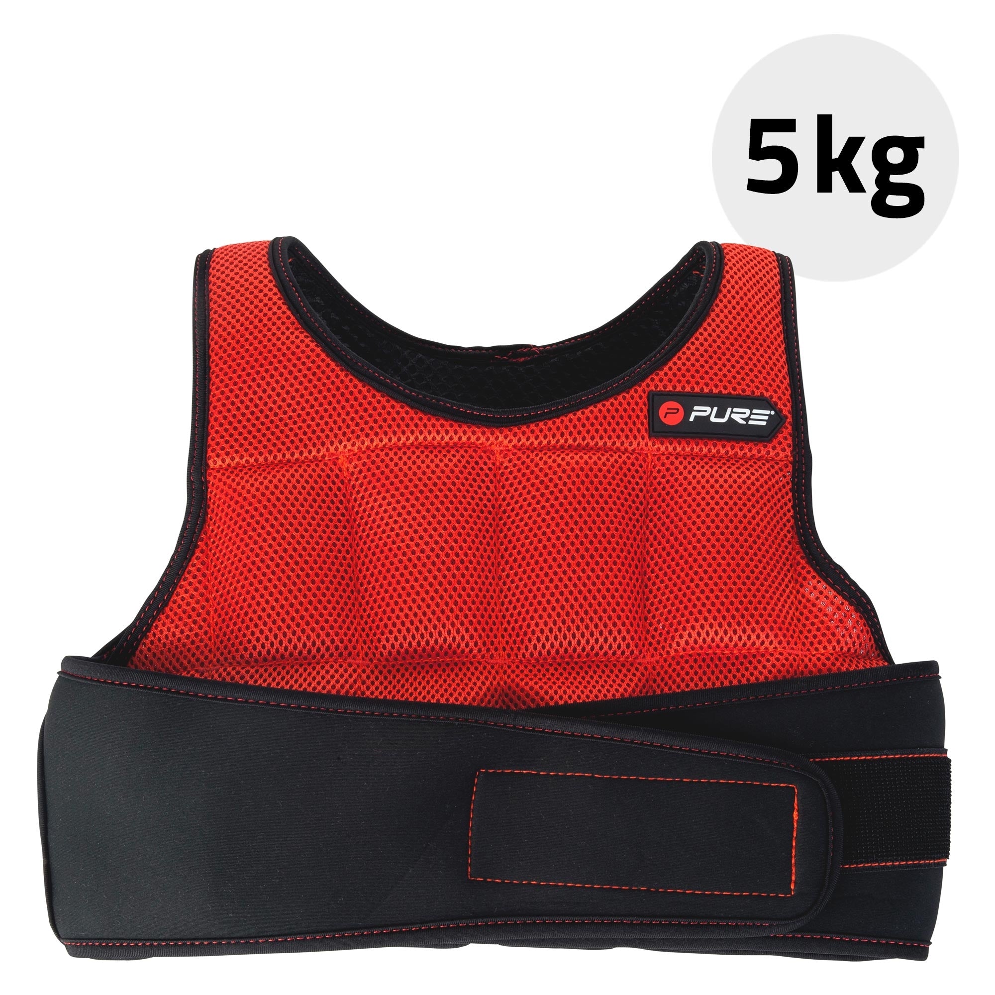 Rote Gewichtsweste mit 5 kg, auf einem weißen Hintergrund.