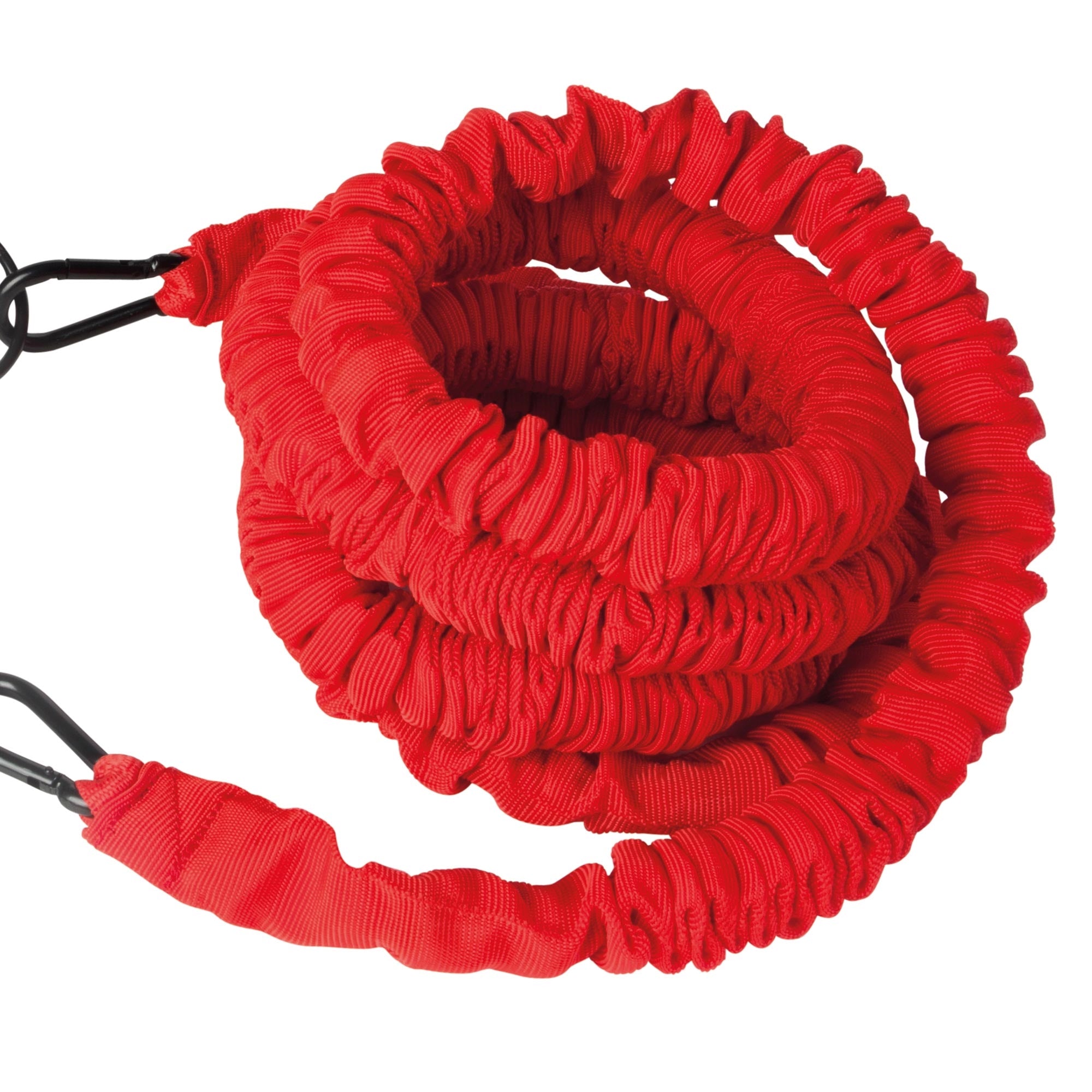 Rote, elastische Schnur in spiralförmiger Anordnung mit zwei Karabinern.