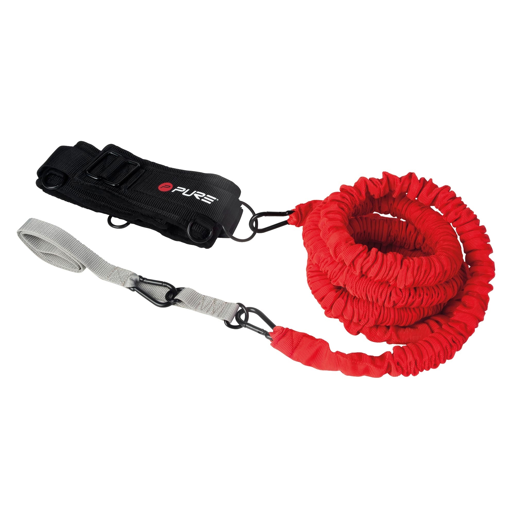 Rotes elastisches Trainingsband mit Halterung und Karabinerhaken.