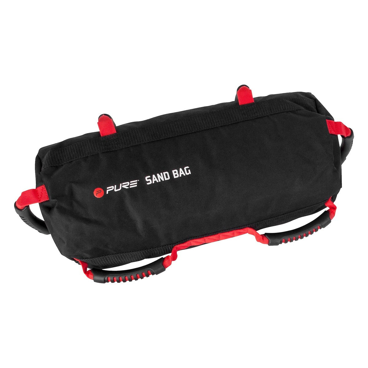 Saco de arena negro con asas rojas y logotipo.