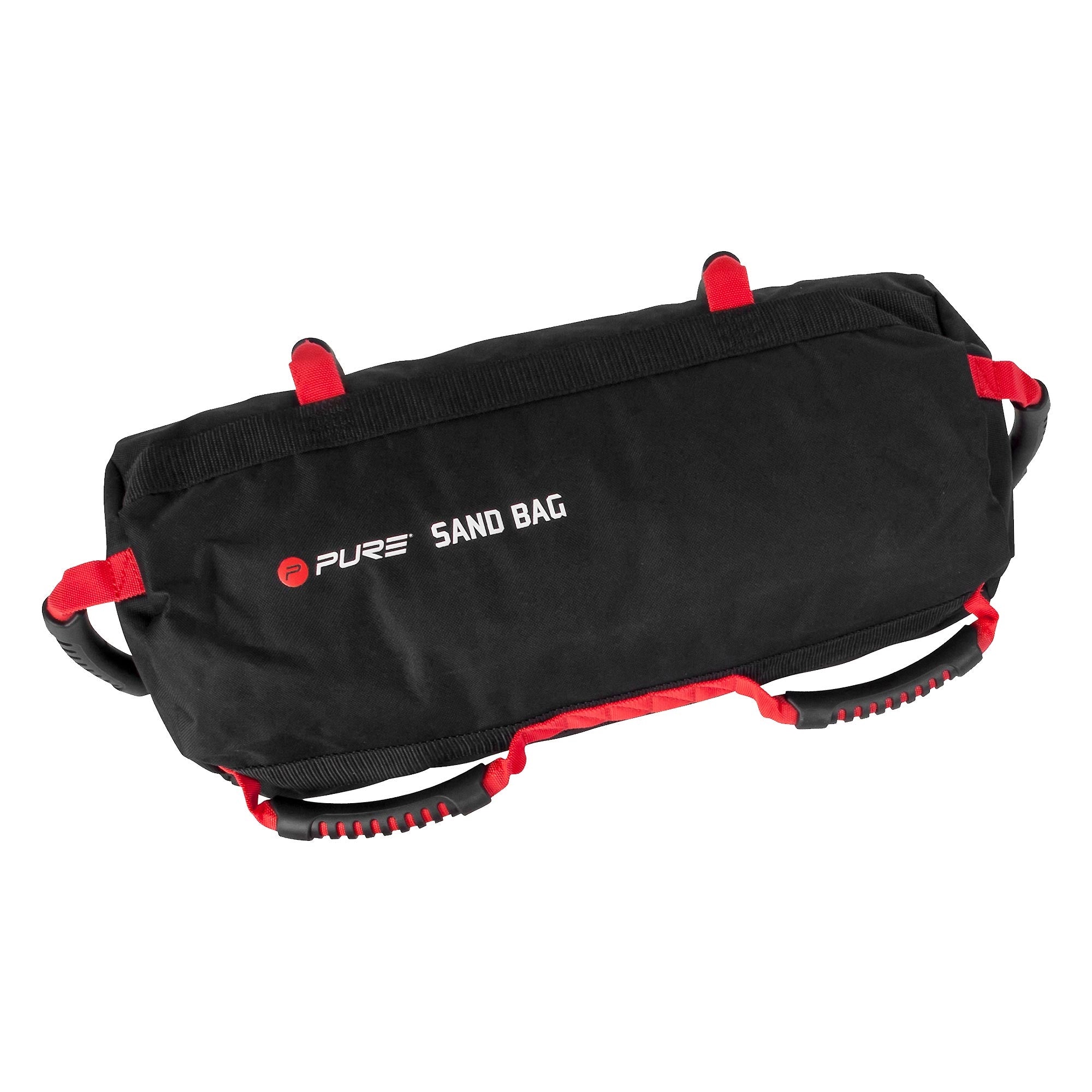 Schwarze Sandsack mit roten Griffen und Logo.