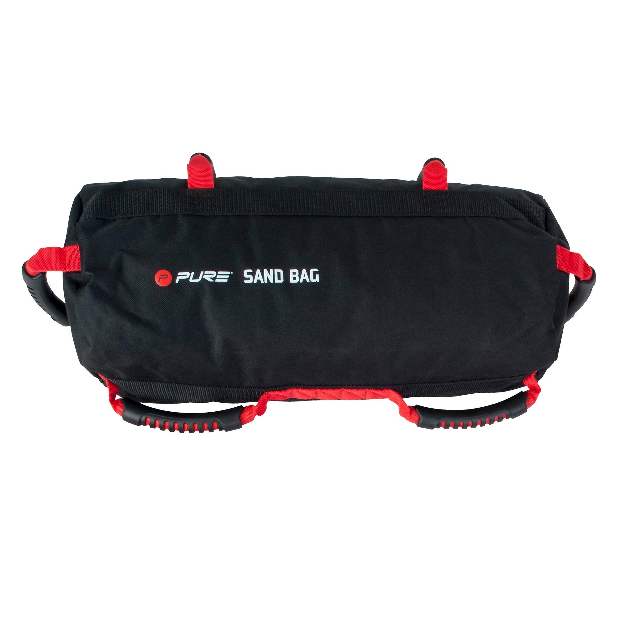 Schwarze Sandsack mit roten Griffen und Logo.