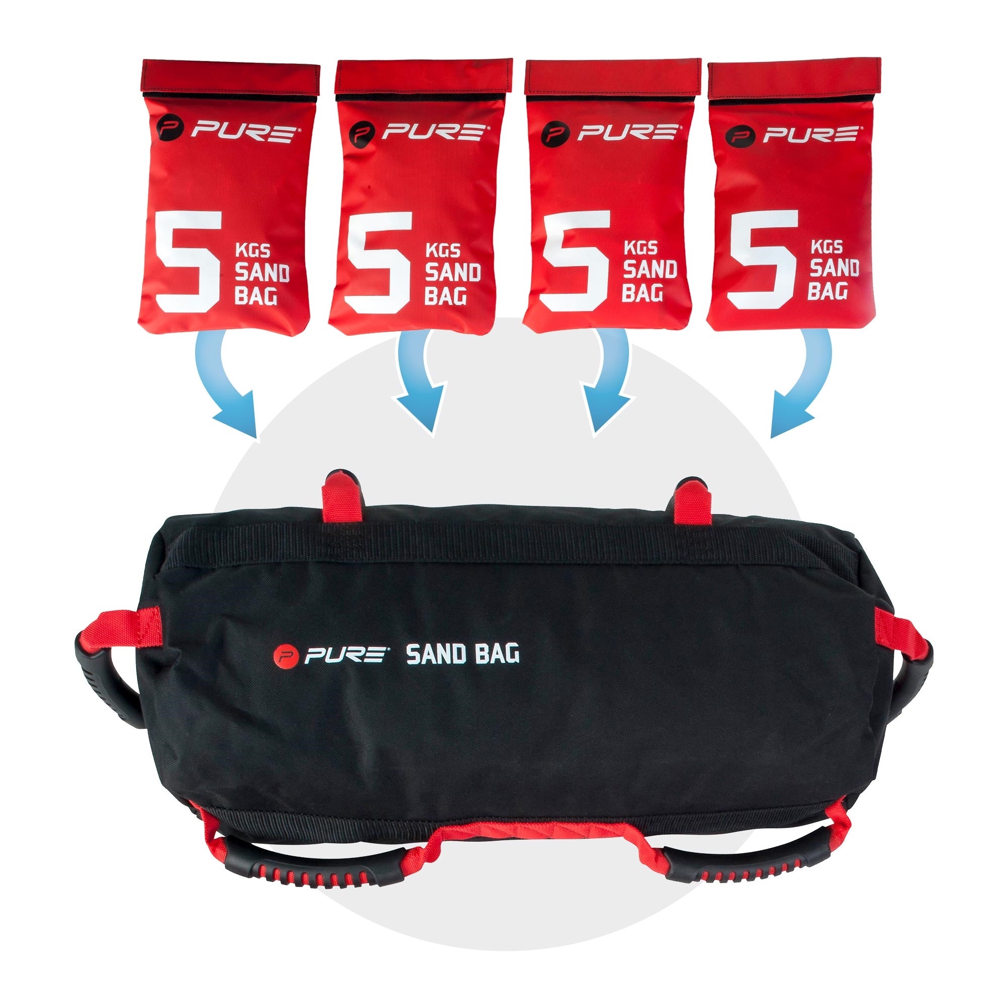 Schwarze Sporttasche mit roten Sandbags, die 5 kg wiegen.