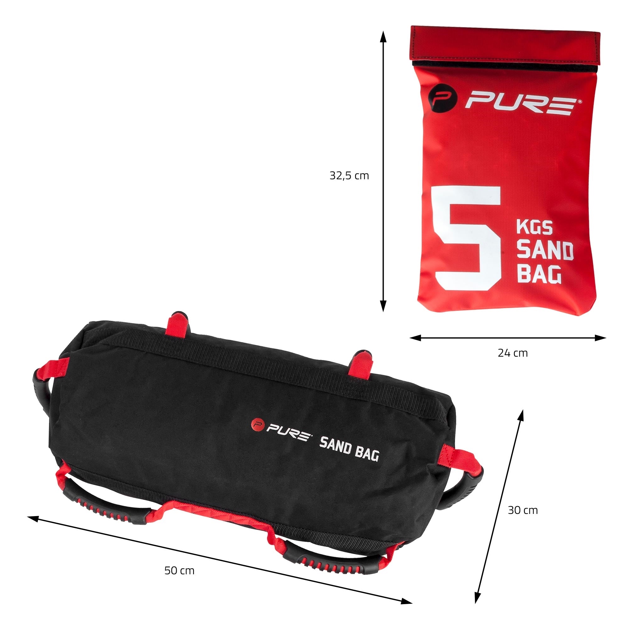 Sandbag in schwarz und rot mit Maßangaben.